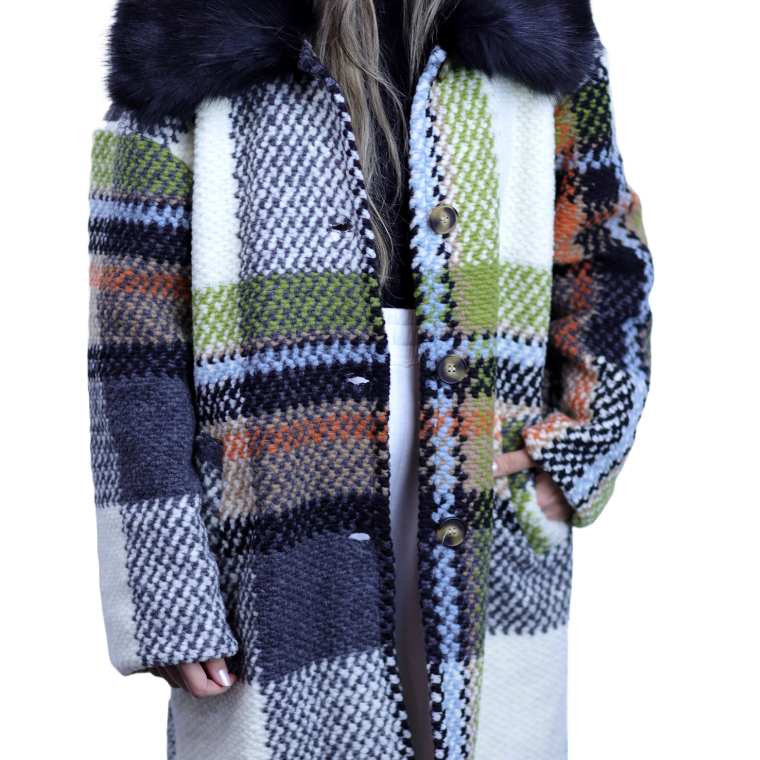La Fiorentina Mid Length Plaid Wool Coat w/ Faux Fur Trim- Ivory/Black - Faux Fur Jacket - La Fiorentina  FL1826-IVRYBLK-ML