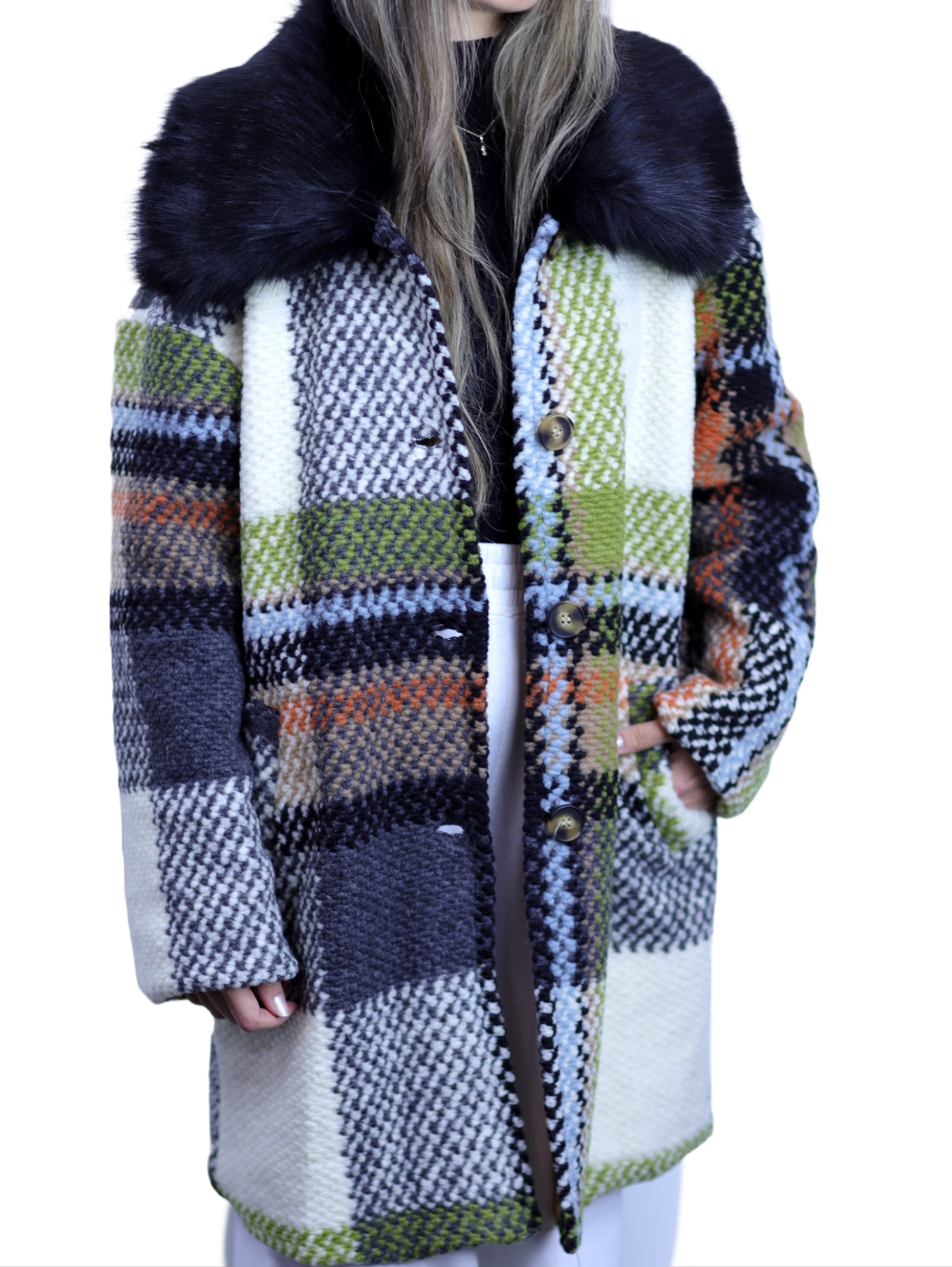 La Fiorentina Mid Length Plaid Wool Coat w/ Faux Fur Trim- Ivory/Black - Faux Fur Jacket - La Fiorentina  FL1826-IVRYBLK-ML