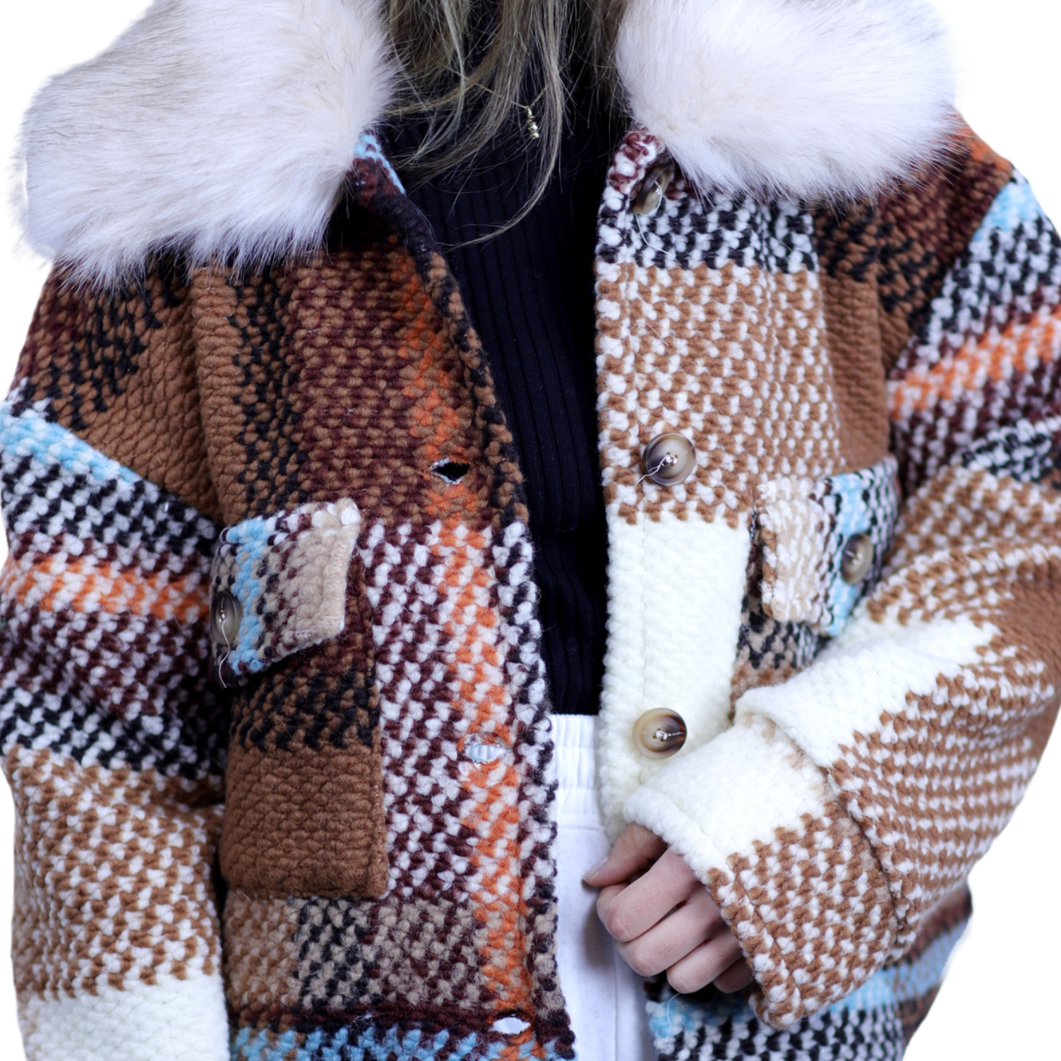La Fiorentina Short Plaid Wool Jacket w/ Faux Fur Trim- Brown/Ivory - Faux Fur Jacket - La Fiorentina FL1831-BRWNIVRY-ML