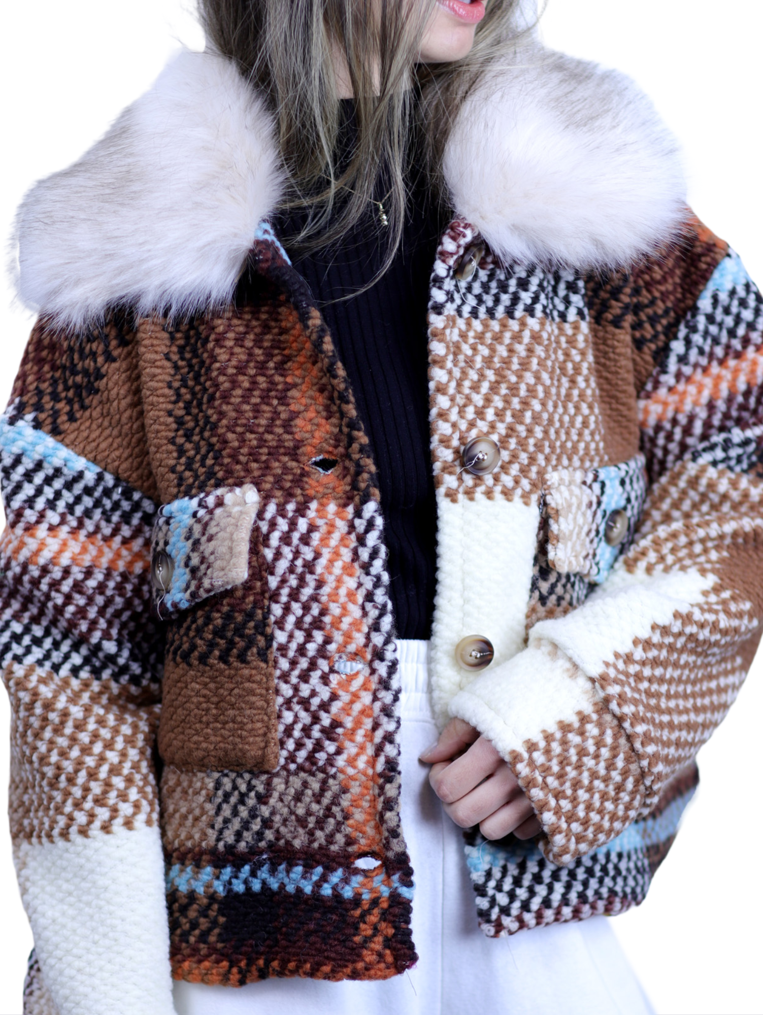 La Fiorentina Short Plaid Wool Jacket w/ Faux Fur Trim- Brown/Ivory - Faux Fur Jacket - La Fiorentina FL1831-BRWNIVRY-ML