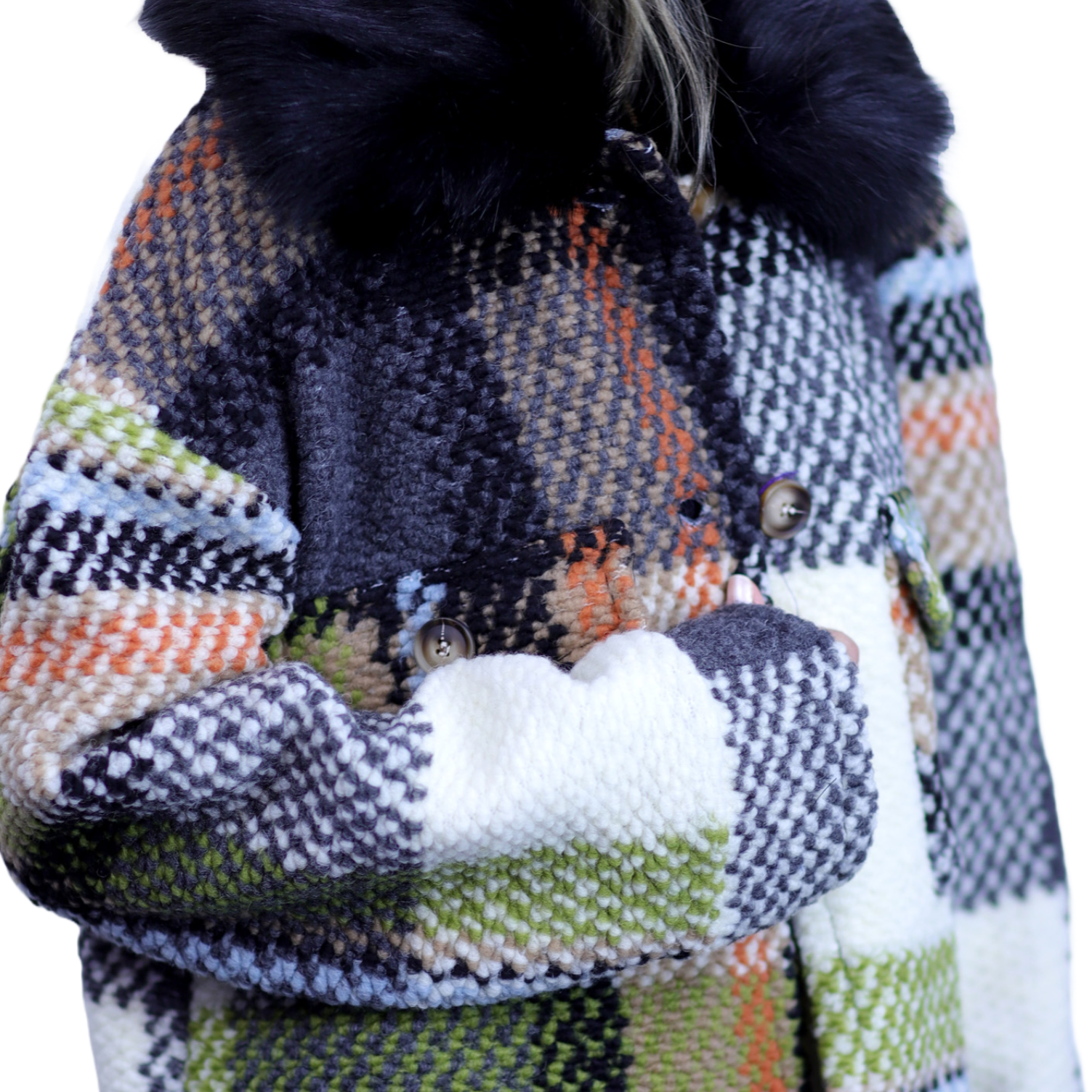 La Fiorentina Short Plaid Wool Jacket w/ Faux Fur Trim- Ivory/Black - Faux Fur Jacket - La Fiorentina FL1831-IVRYBLK-ML