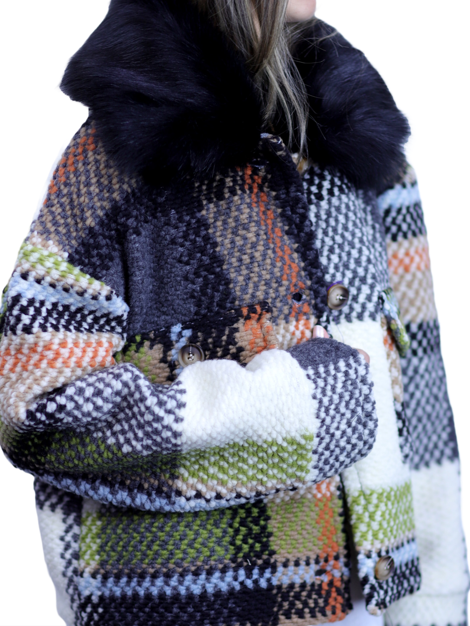 La Fiorentina Short Plaid Wool Jacket w/ Faux Fur Trim- Ivory/Black - Faux Fur Jacket - La Fiorentina FL1831-IVRYBLK-ML