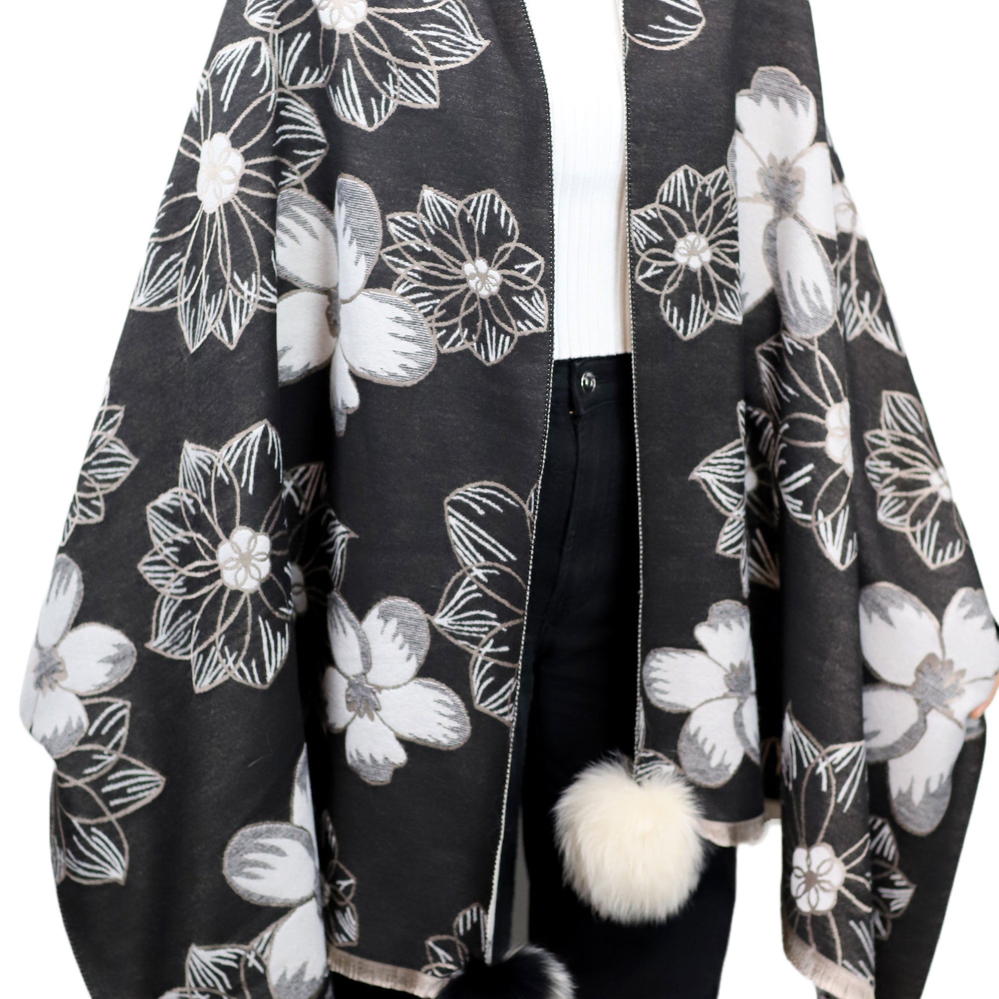 Stylish Floral Print Wrap with Fox Poms - Black & Beige - Fur Wrap - La Fiorentina TINA59-2306-BLACKBEIGE
