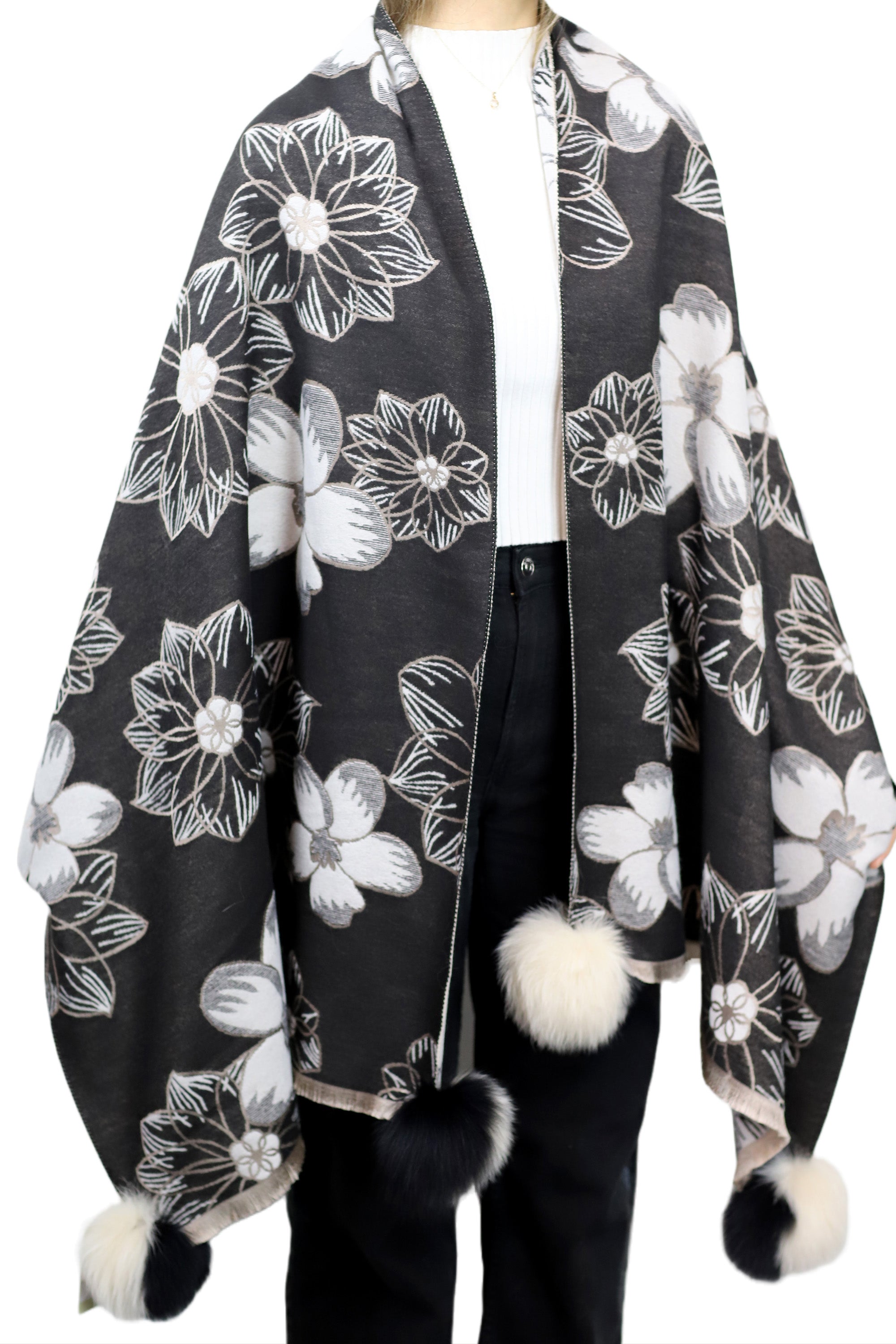Stylish Floral Print Wrap with Fox Poms - Black & Beige - Fur Wrap - La Fiorentina TINA59-2306-BLACKBEIGE