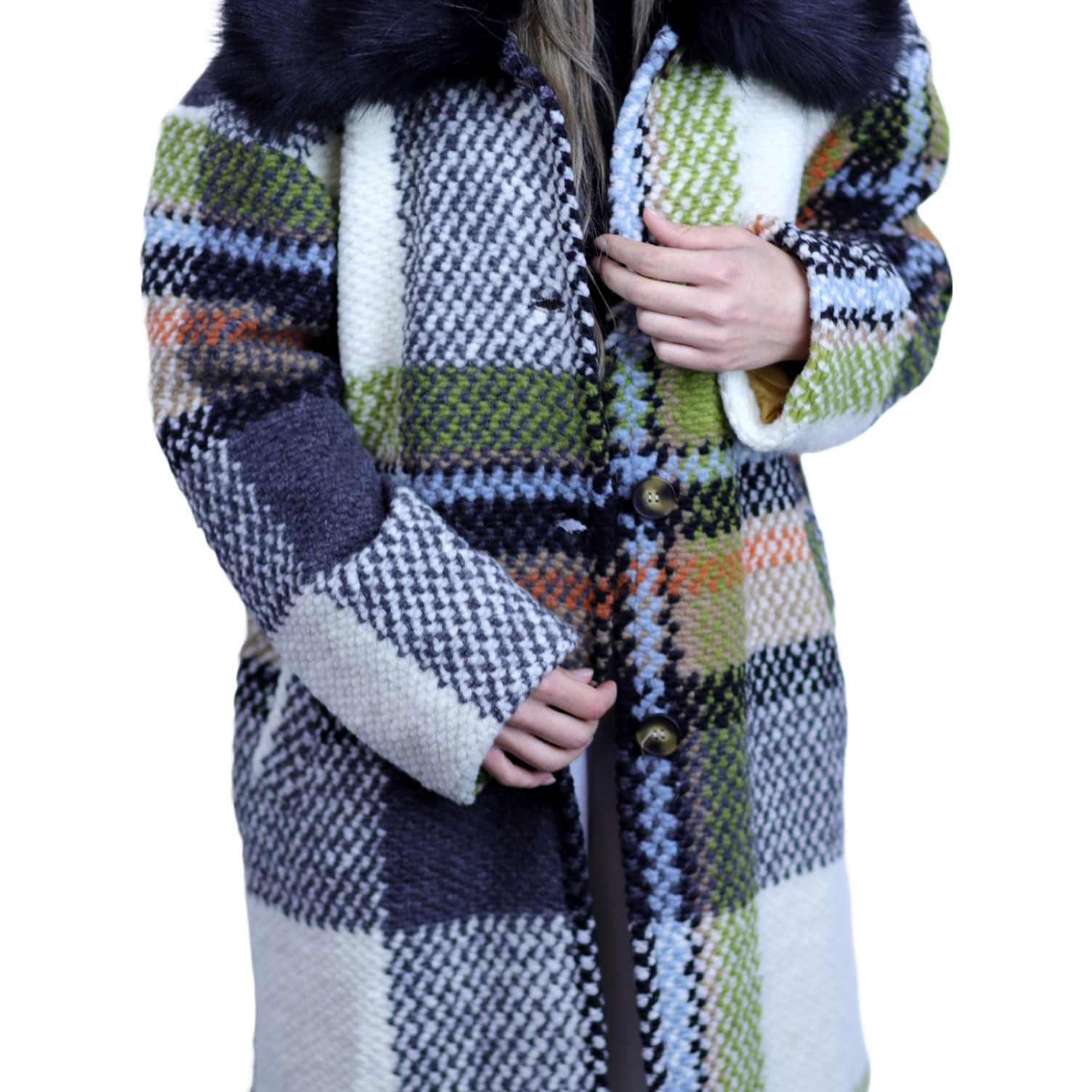 La Fiorentina Mid Length Plaid Wool Coat w/ Faux Fur Trim- Ivory/Black - Faux Fur Jacket - La Fiorentina  FL1826-IVRYBLK-ML