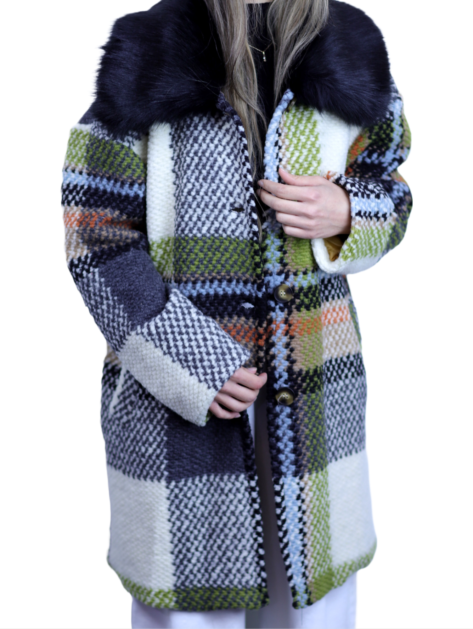 La Fiorentina Mid Length Plaid Wool Coat w/ Faux Fur Trim- Ivory/Black - Faux Fur Jacket - La Fiorentina  FL1826-IVRYBLK-ML