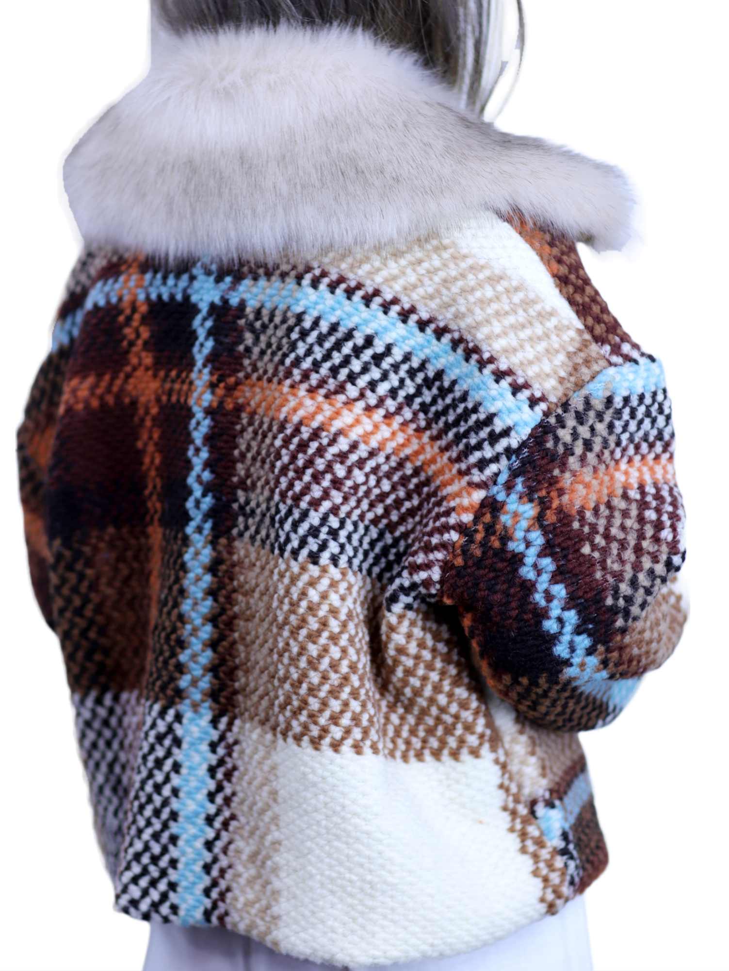 La Fiorentina Short Plaid Wool Jacket w/ Faux Fur Trim- Brown/Ivory - Faux Fur Jacket - La Fiorentina FL1831-BRWNIVRY-ML