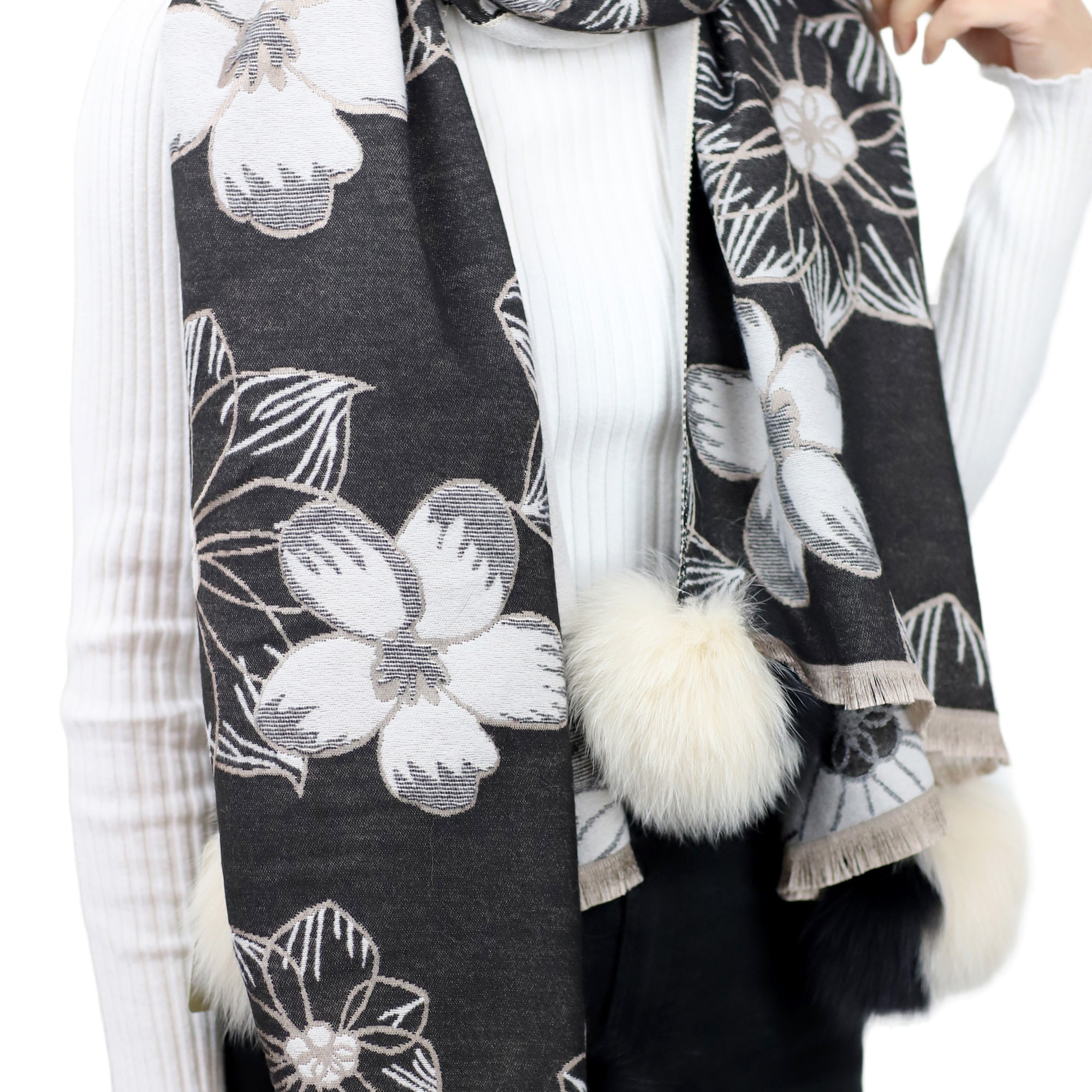 Stylish Floral Print Wrap with Fox Poms - Black & Beige - Fur Wrap - La Fiorentina TINA59-2306-BLACKBEIGE