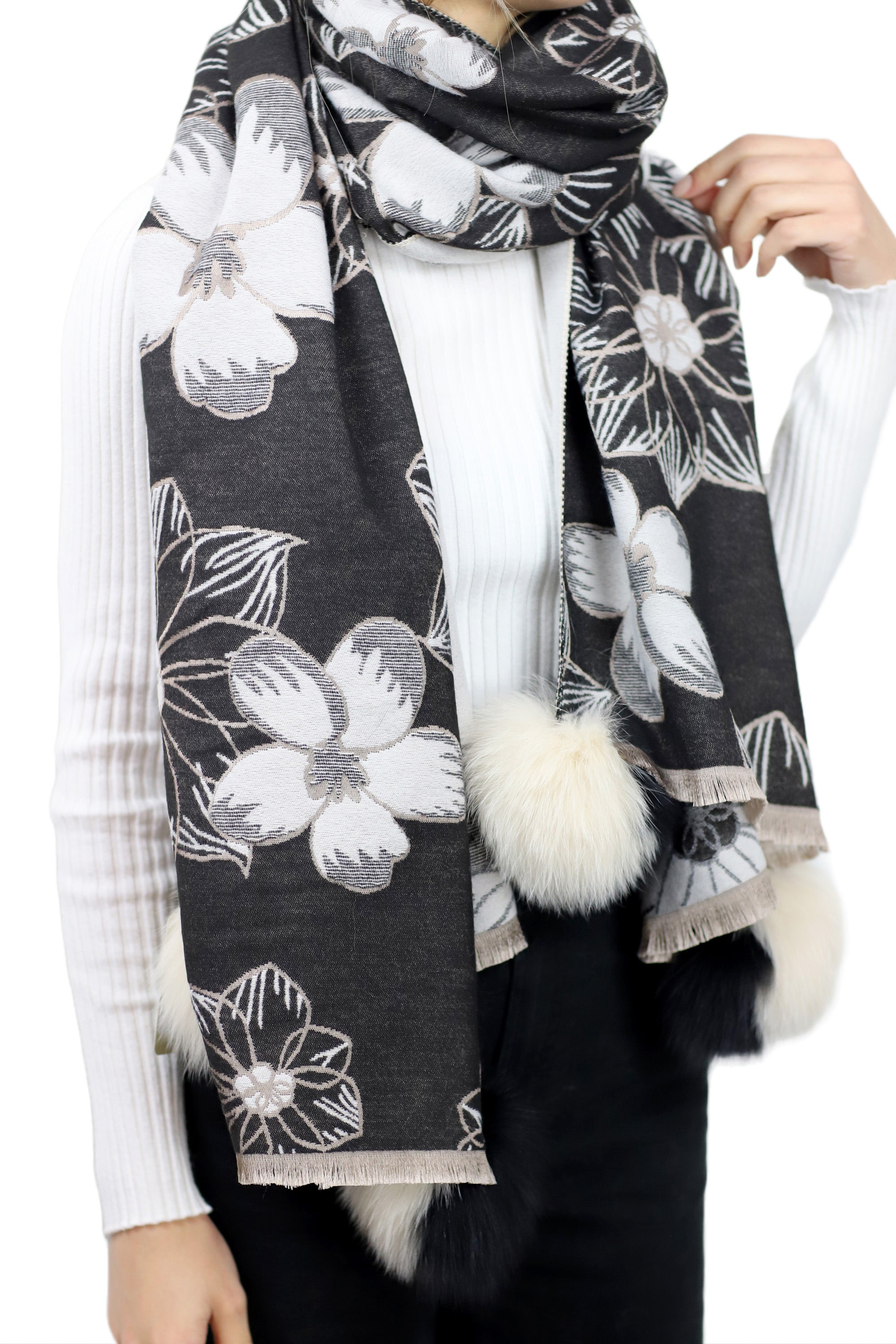 Stylish Floral Print Wrap with Fox Poms - Black & Beige - Fur Wrap - La Fiorentina TINA59-2306-BLACKBEIGE