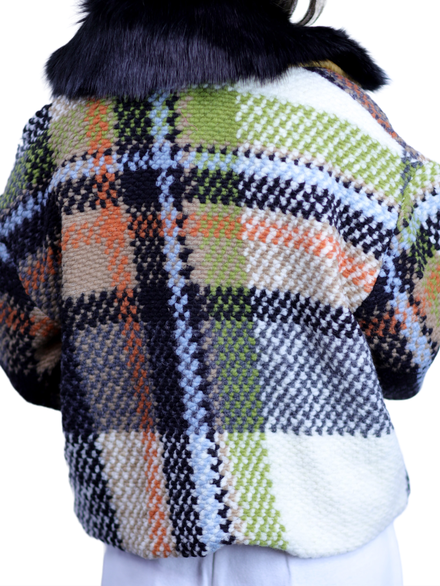 La Fiorentina Short Plaid Wool Jacket w/ Faux Fur Trim- Ivory/Black - Faux Fur Jacket - La Fiorentina FL1831-IVRYBLK-ML