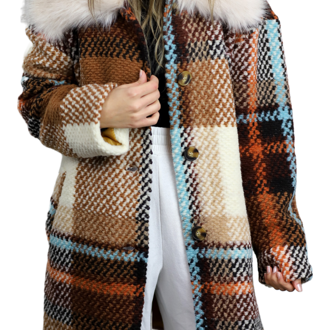 La Fiorentina Mid Length Plaid Wool Coat w/ Faux Fur Trim - Brown/Ivory - Faux Fur Jacket - La Fiorentina FL1826-IVRYBRWN-ML