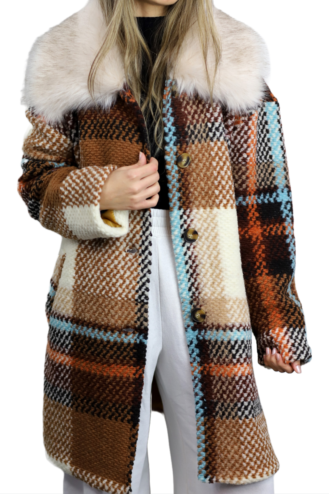 La Fiorentina Mid Length Plaid Wool Coat w/ Faux Fur Trim - Brown/Ivory - Faux Fur Jacket - La Fiorentina FL1826-IVRYBRWN-ML