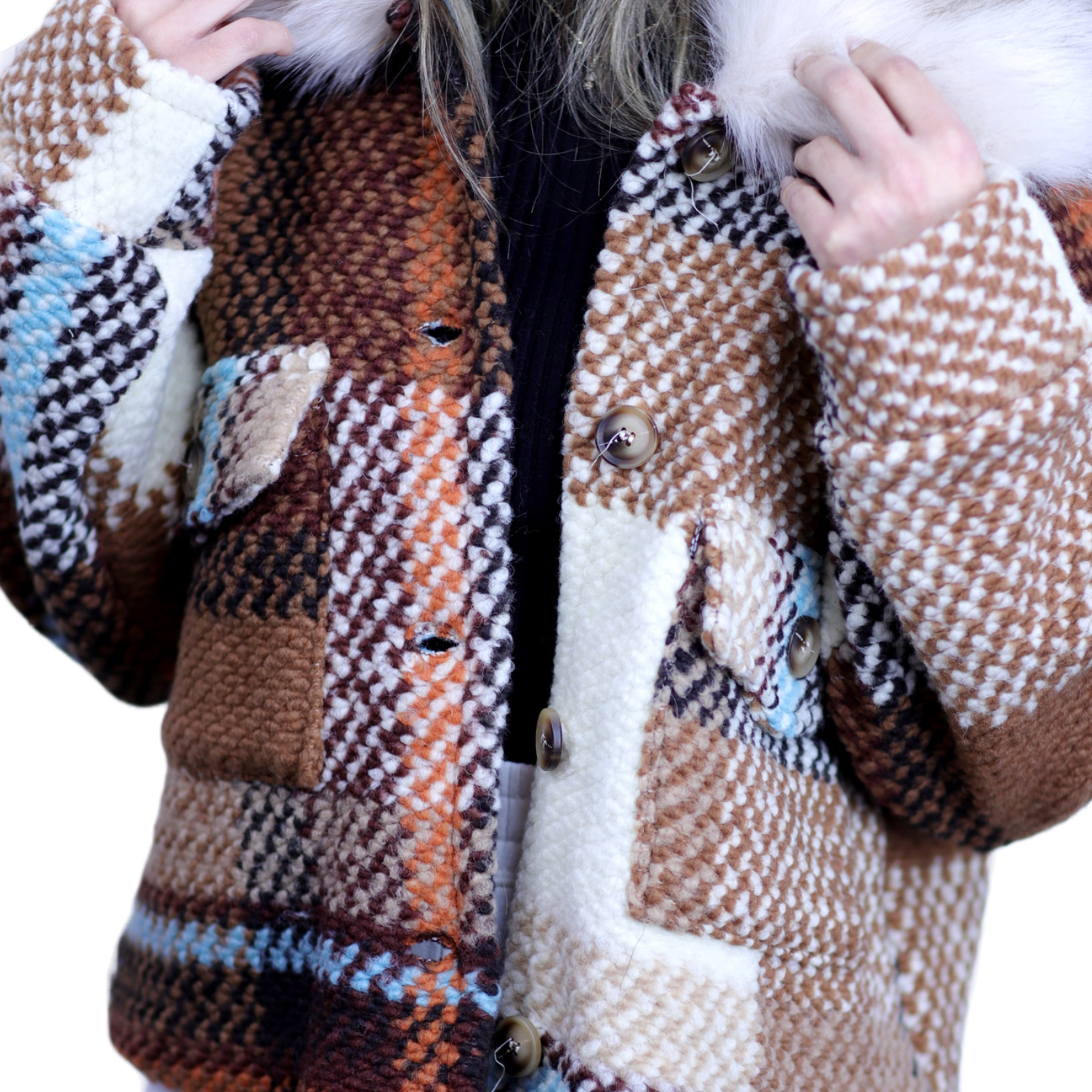 La Fiorentina Short Plaid Wool Jacket w/ Faux Fur Trim- Brown/Ivory - Faux Fur Jacket - La Fiorentina FL1831-BRWNIVRY-ML