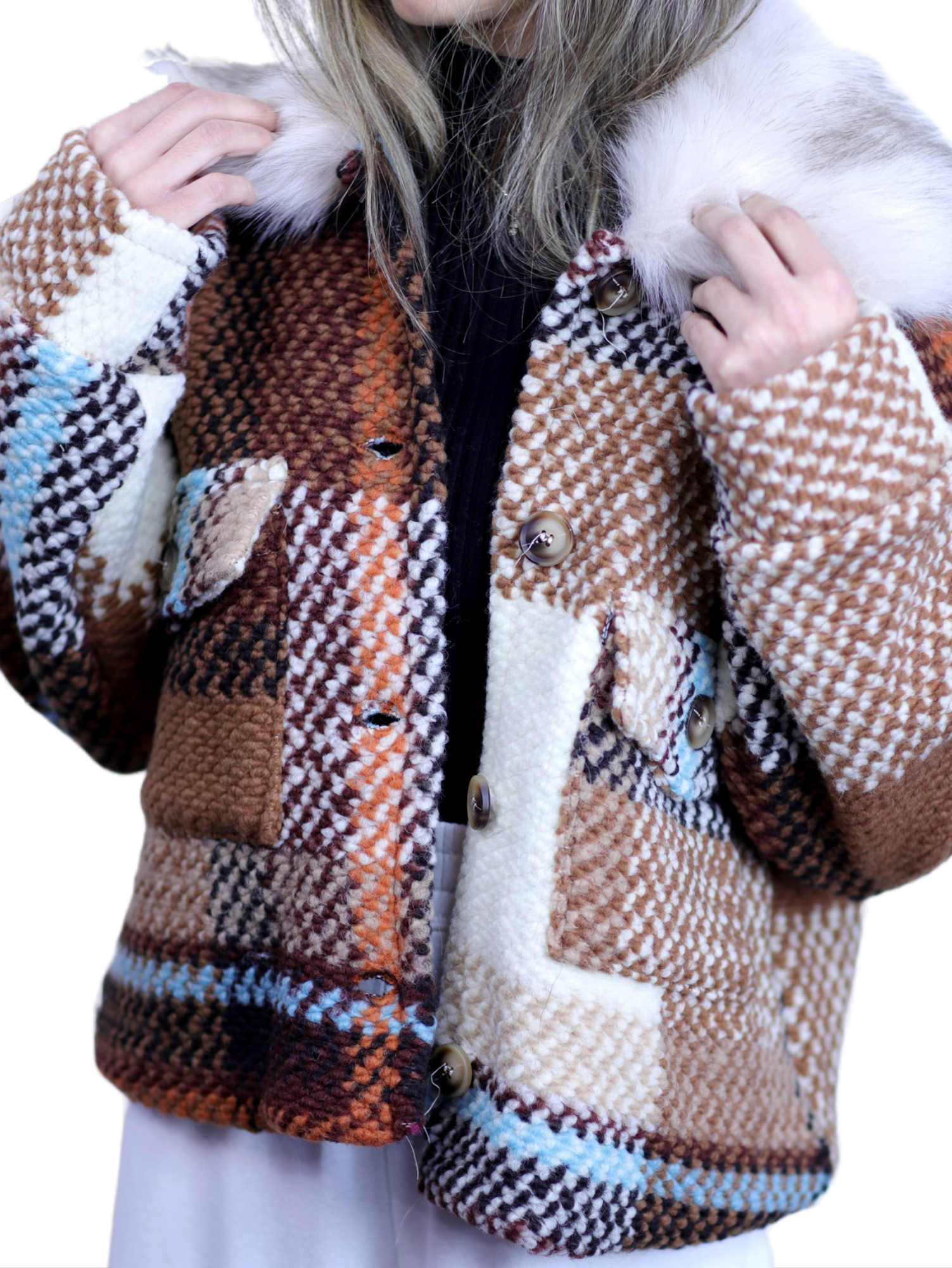 La Fiorentina Short Plaid Wool Jacket w/ Faux Fur Trim- Brown/Ivory - Faux Fur Jacket - La Fiorentina FL1831-BRWNIVRY-ML