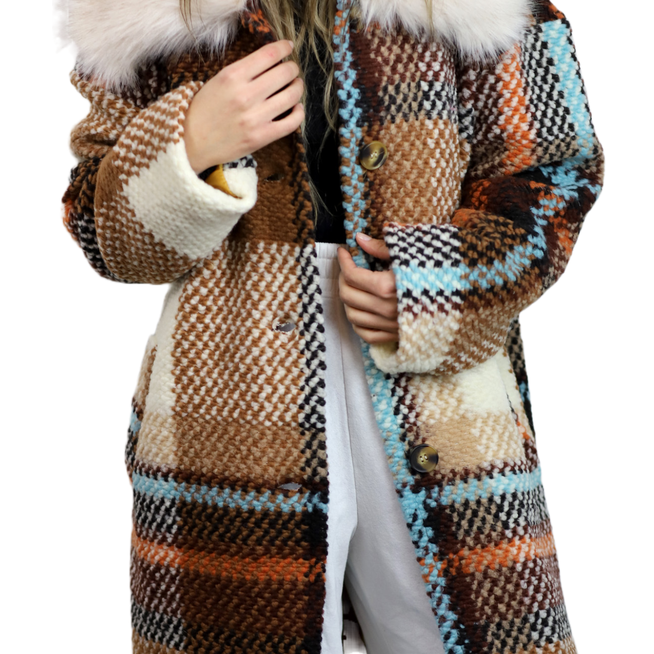La Fiorentina Mid Length Plaid Wool Coat w/ Faux Fur Trim - Brown/Ivory - Faux Fur Jacket - La Fiorentina FL1826-IVRYBRWN-SM