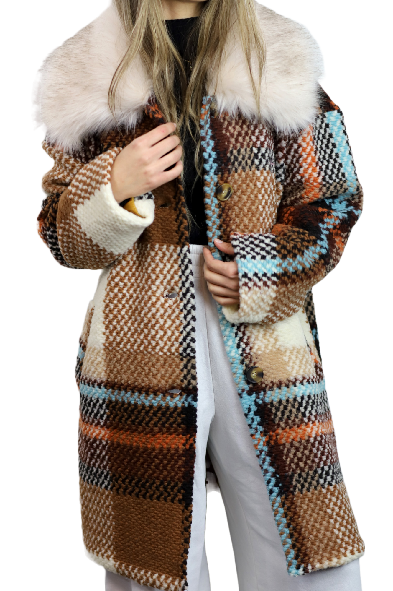 La Fiorentina Mid Length Plaid Wool Coat w/ Faux Fur Trim - Brown/Ivory - Faux Fur Jacket - La Fiorentina FL1826-IVRYBRWN-SM