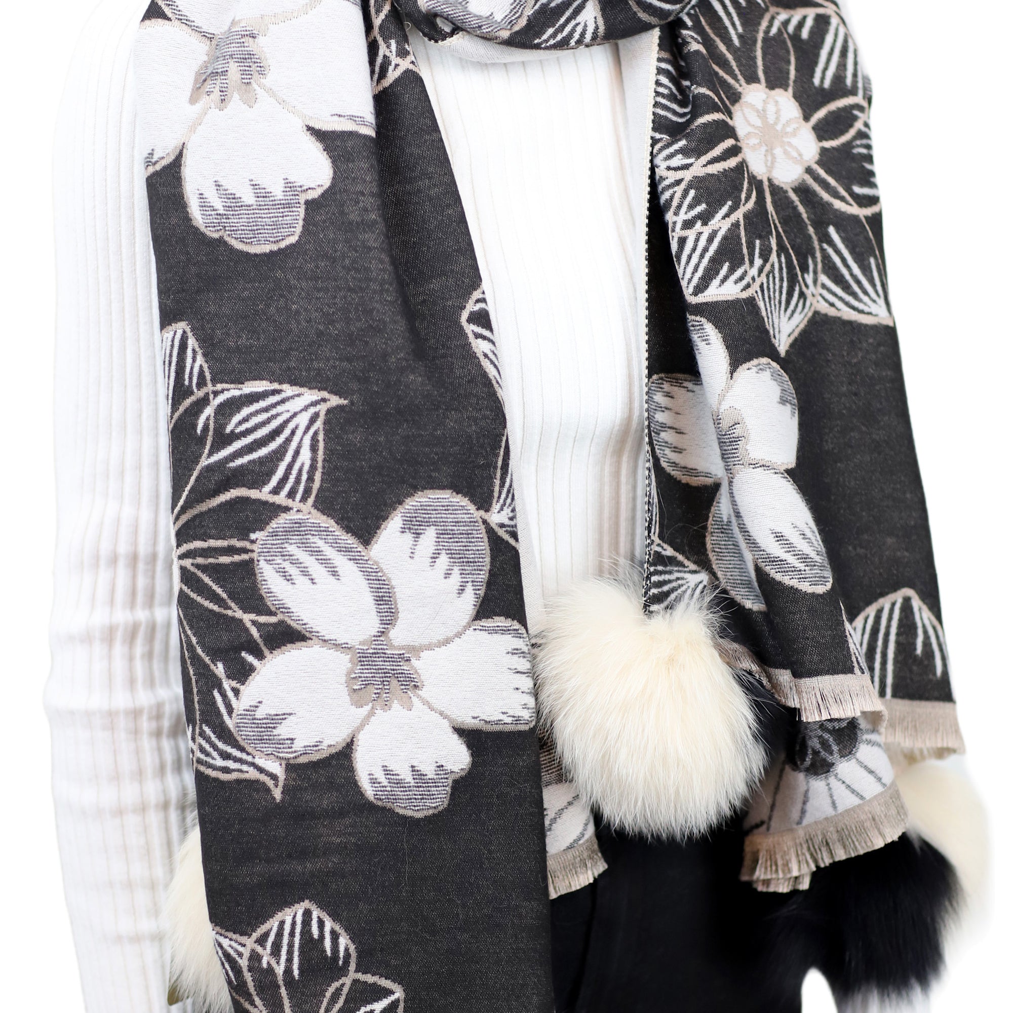 Stylish Floral Print Wrap with Fox Poms - Black & Beige - Fur Wrap - La Fiorentina TINA59-2306-BLACKBEIGE