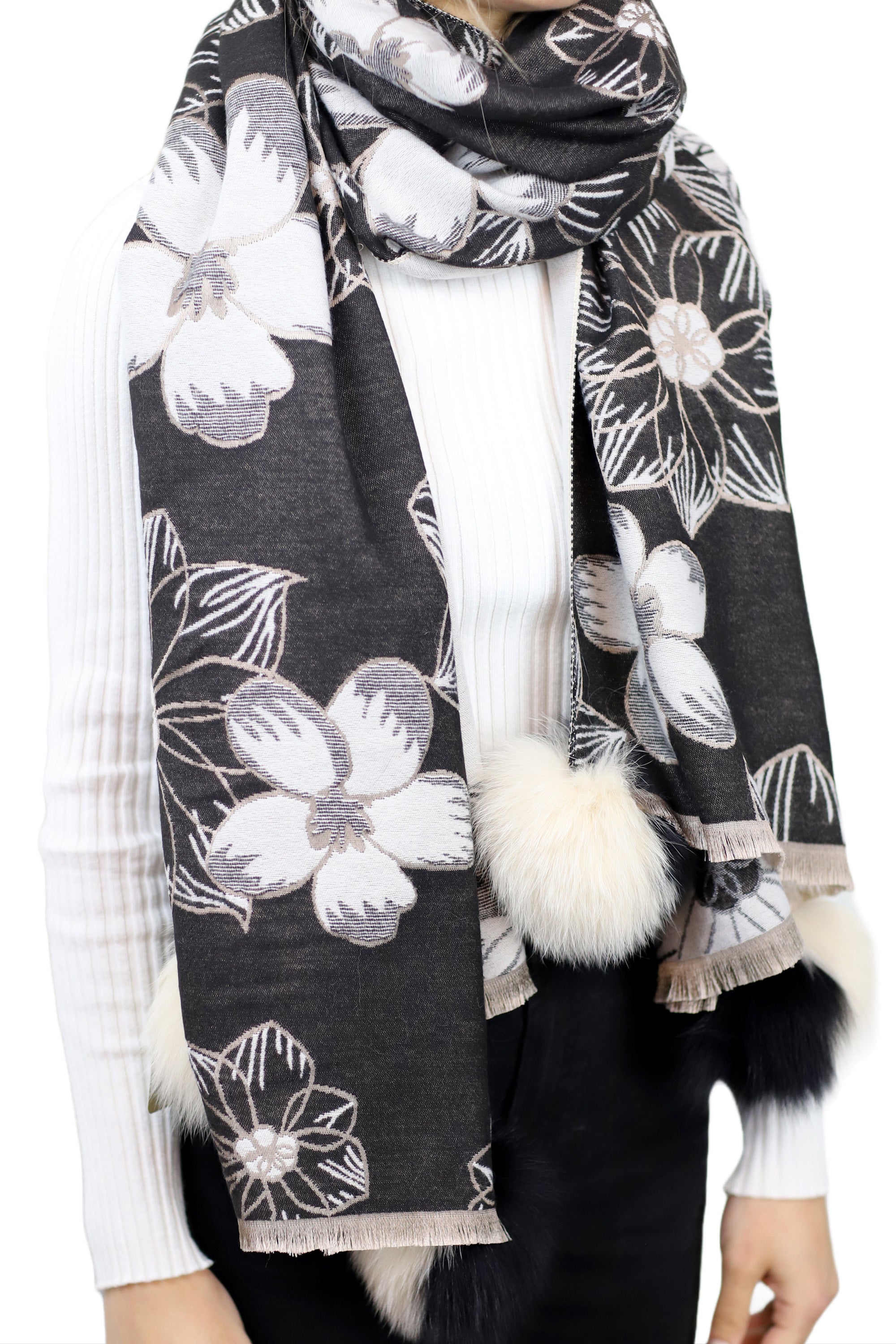 Stylish Floral Print Wrap with Fox Poms - Black & Beige - Fur Wrap - La Fiorentina TINA59-2306-BLACKBEIGE