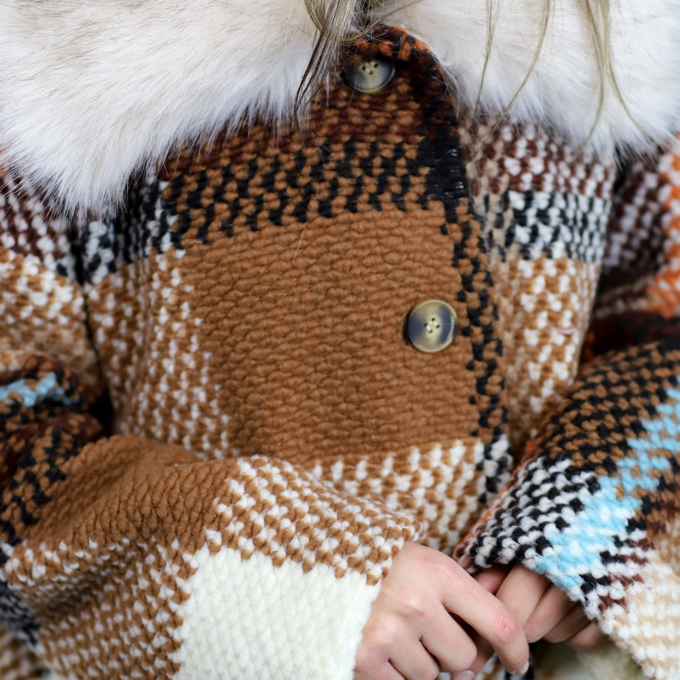 La Fiorentina Mid Length Plaid Wool Coat w/ Faux Fur Trim - Brown/Ivory - Faux Fur Jacket - La Fiorentina FL1826-IVRYBRWN-ML