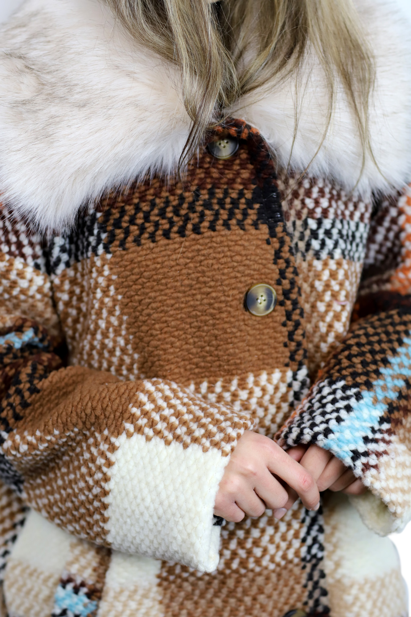 La Fiorentina Mid Length Plaid Wool Coat w/ Faux Fur Trim - Brown/Ivory - Faux Fur Jacket - La Fiorentina FL1826-IVRYBRWN-ML