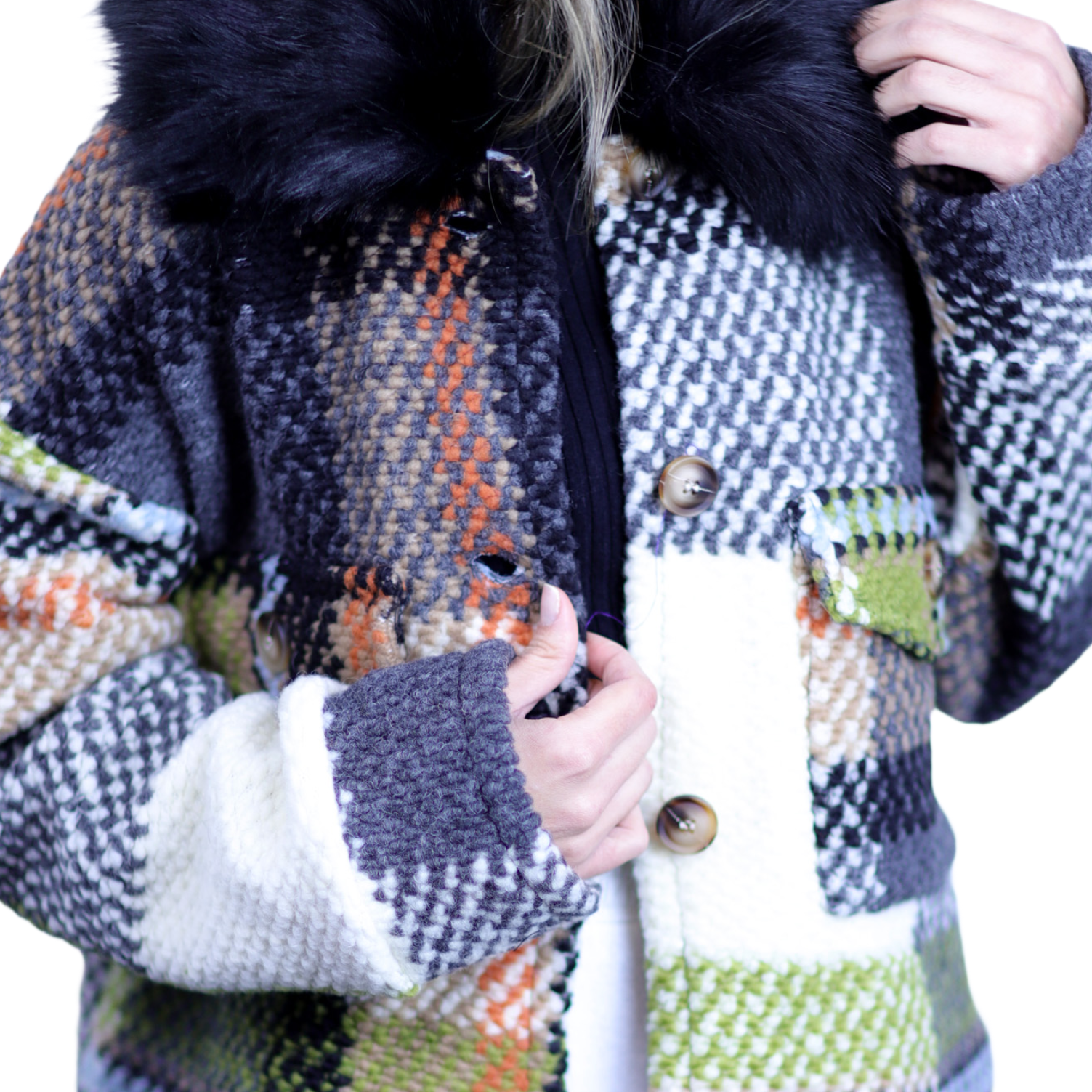 La Fiorentina Short Plaid Wool Jacket w/ Faux Fur Trim- Ivory/Black - Faux Fur Jacket - La Fiorentina FL1831-IVRYBLK-ML