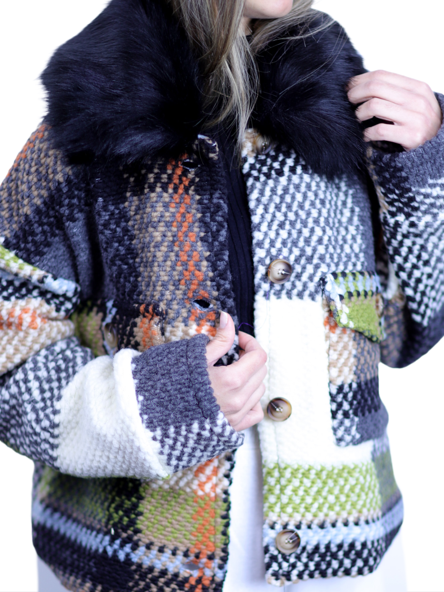 La Fiorentina Short Plaid Wool Jacket w/ Faux Fur Trim- Ivory/Black - Faux Fur Jacket - La Fiorentina FL1831-IVRYBLK-ML