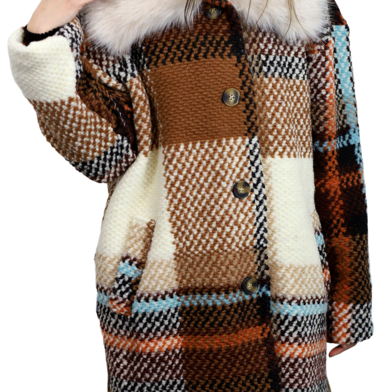 La Fiorentina Mid Length Plaid Wool Coat w/ Faux Fur Trim - Brown/Ivory - Faux Fur Jacket - La Fiorentina FL1826-IVRYBRWN-ML