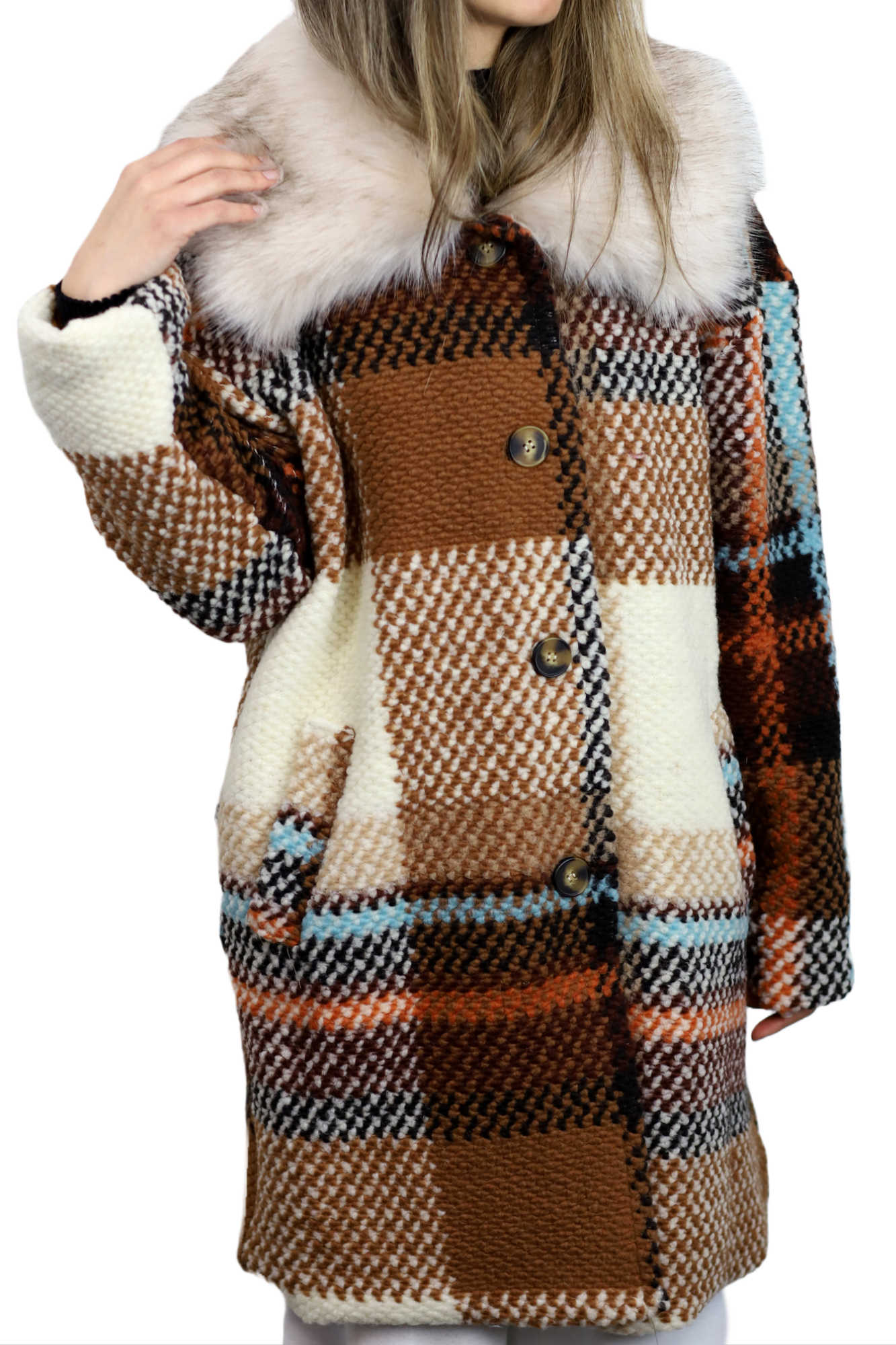 La Fiorentina Mid Length Plaid Wool Coat w/ Faux Fur Trim - Brown/Ivory - Faux Fur Jacket - La Fiorentina FL1826-IVRYBRWN-ML