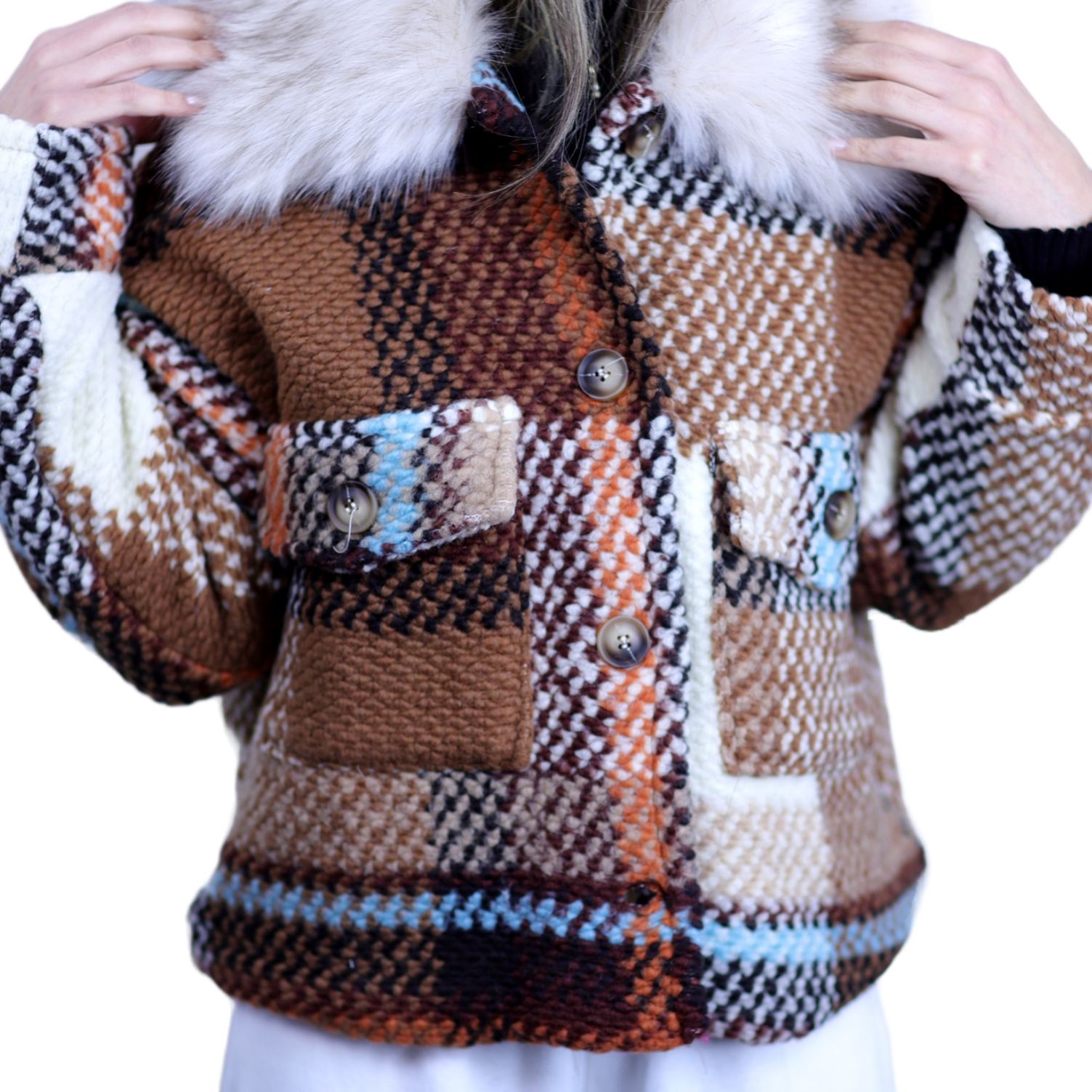 La Fiorentina Short Plaid Wool Jacket w/ Faux Fur Trim- Brown/Ivory - Faux Fur Jacket - La Fiorentina FL1831-BRWNIVRY-ML