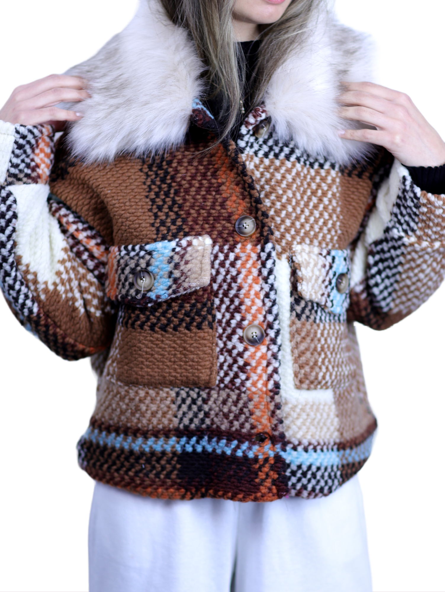 La Fiorentina Short Plaid Wool Jacket w/ Faux Fur Trim- Brown/Ivory - Faux Fur Jacket - La Fiorentina FL1831-BRWNIVRY-ML