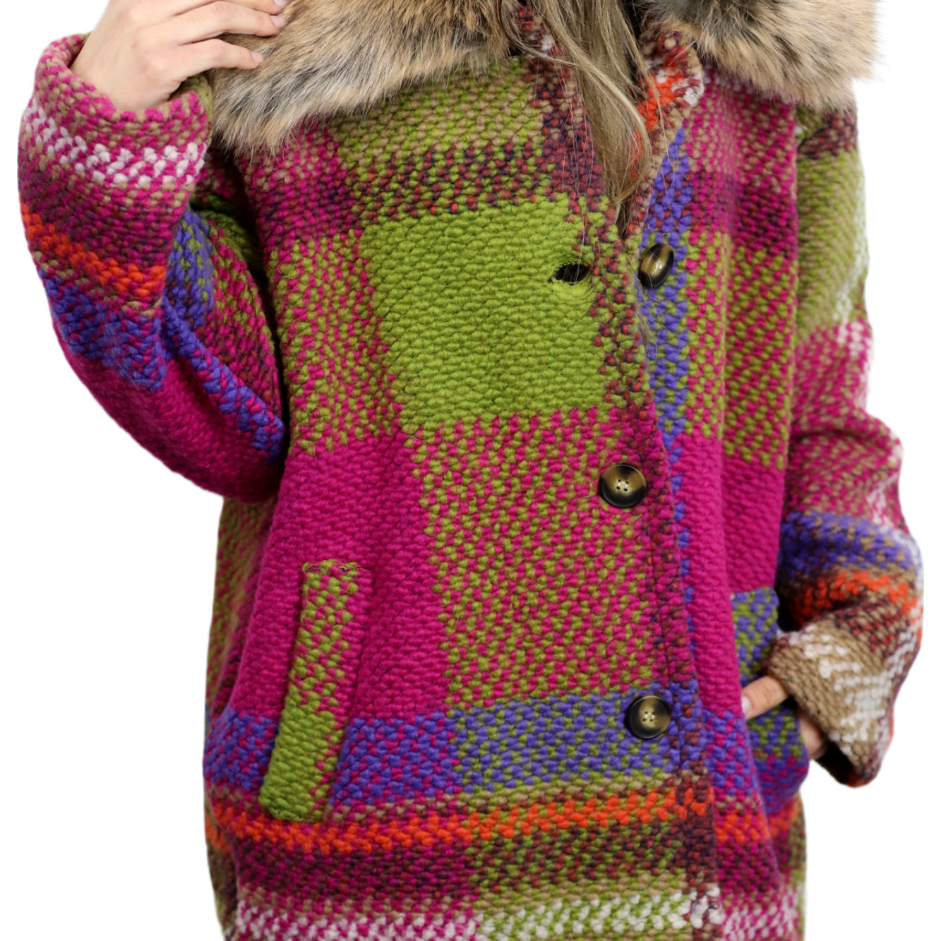 La Fiorentina Mid Length Plaid Wool Coat w/ Faux Fur Trim- Fuchsia/Camel - Faux Fur Jacket - La Fiorentina FL1826-FUCHCAM-ML