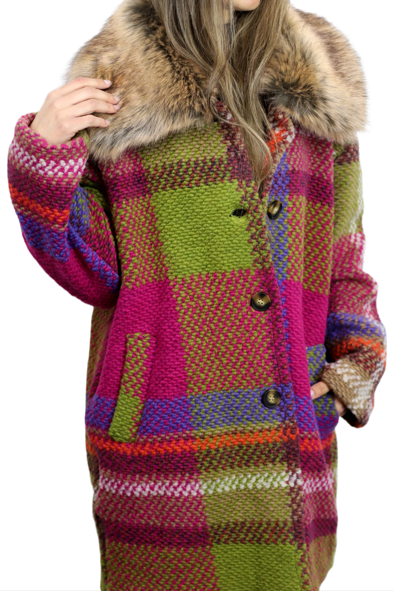 La Fiorentina Mid Length Plaid Wool Coat w/ Faux Fur Trim- Fuchsia/Camel - Faux Fur Jacket - La Fiorentina FL1826-FUCHCAM-ML