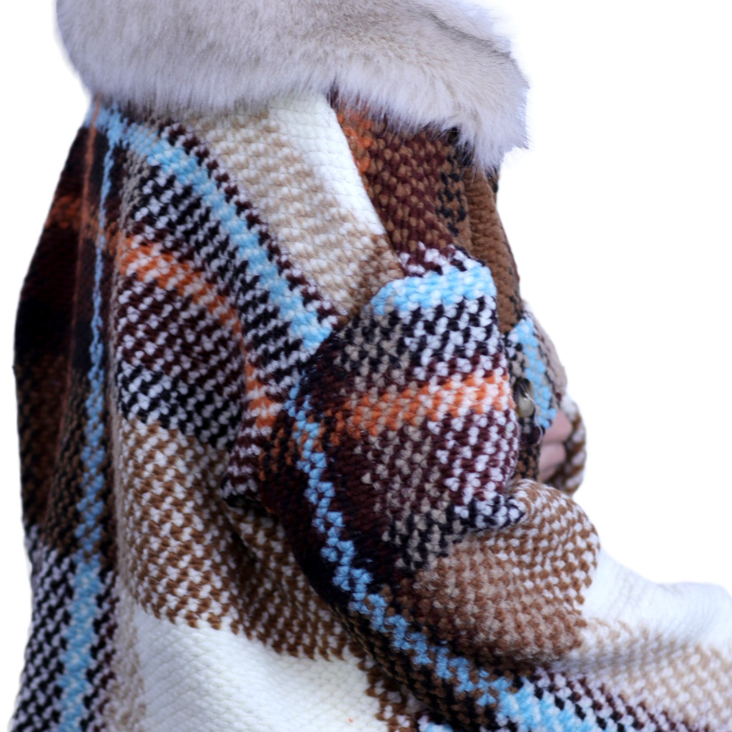 La Fiorentina Short Plaid Wool Jacket w/ Faux Fur Trim- Brown/Ivory - Faux Fur Jacket - La Fiorentina FL1831-BRWNIVRY-ML