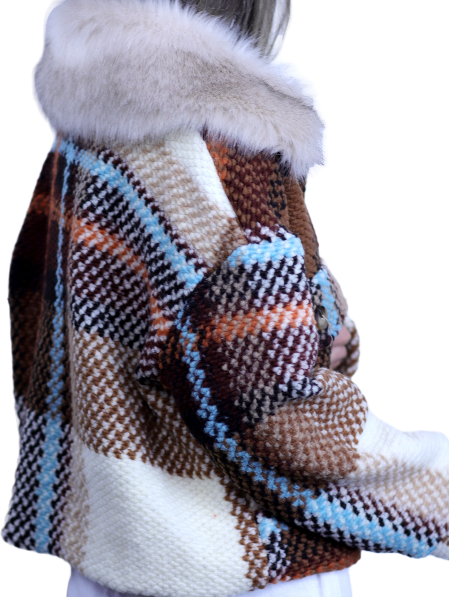 La Fiorentina Short Plaid Wool Jacket w/ Faux Fur Trim- Brown/Ivory - Faux Fur Jacket - La Fiorentina FL1831-BRWNIVRY-ML