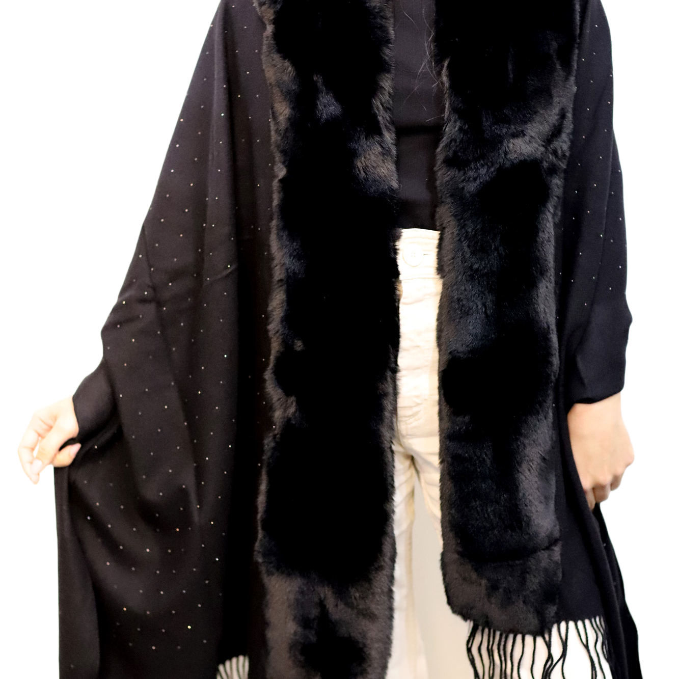 Faux Trim Wrap with Embellishments - Black - Faux Fur Wrap - La Fiorentina Faux224-Black