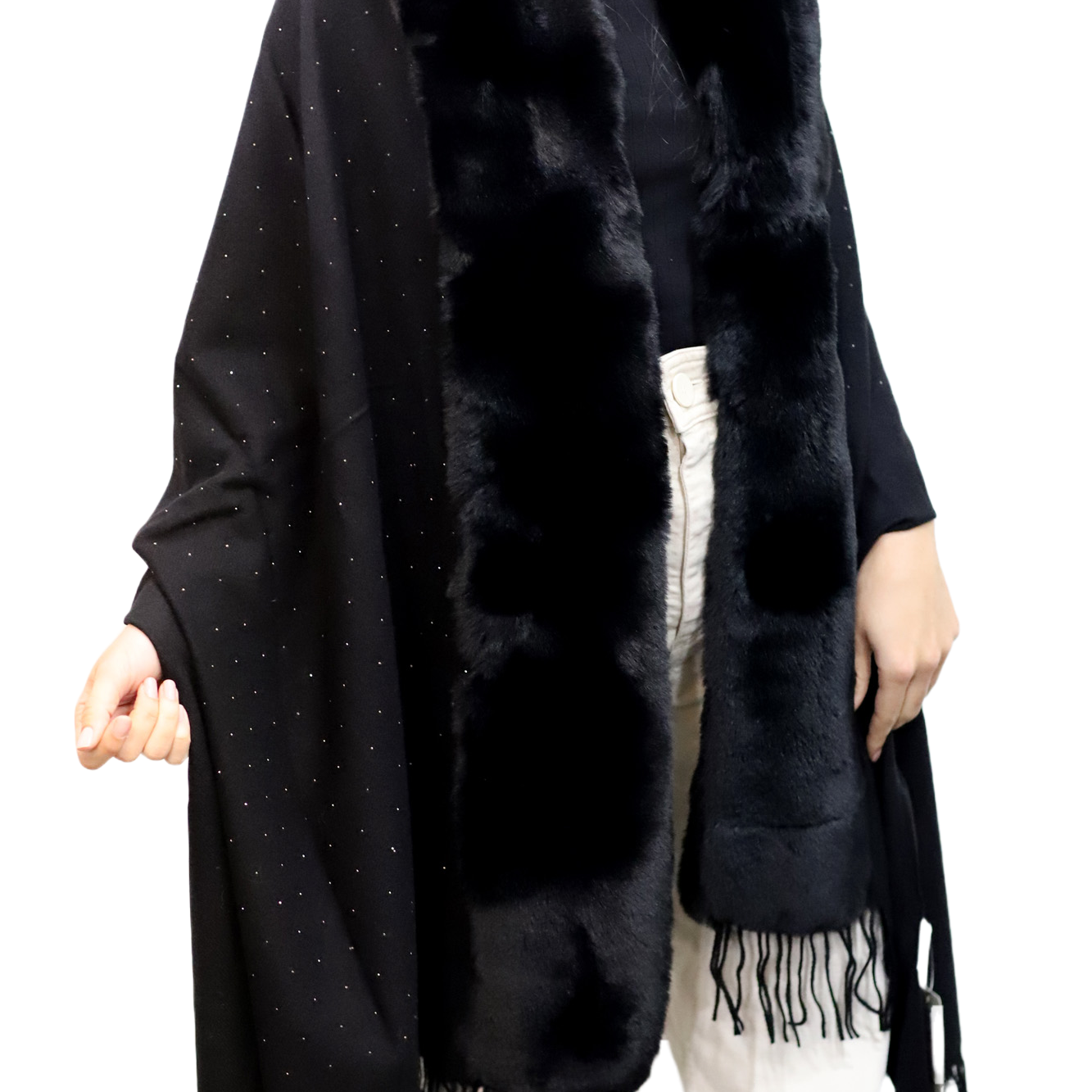 Faux Trim Wrap with Embellishments - Black - Faux Fur Wrap - La Fiorentina Faux224-Black