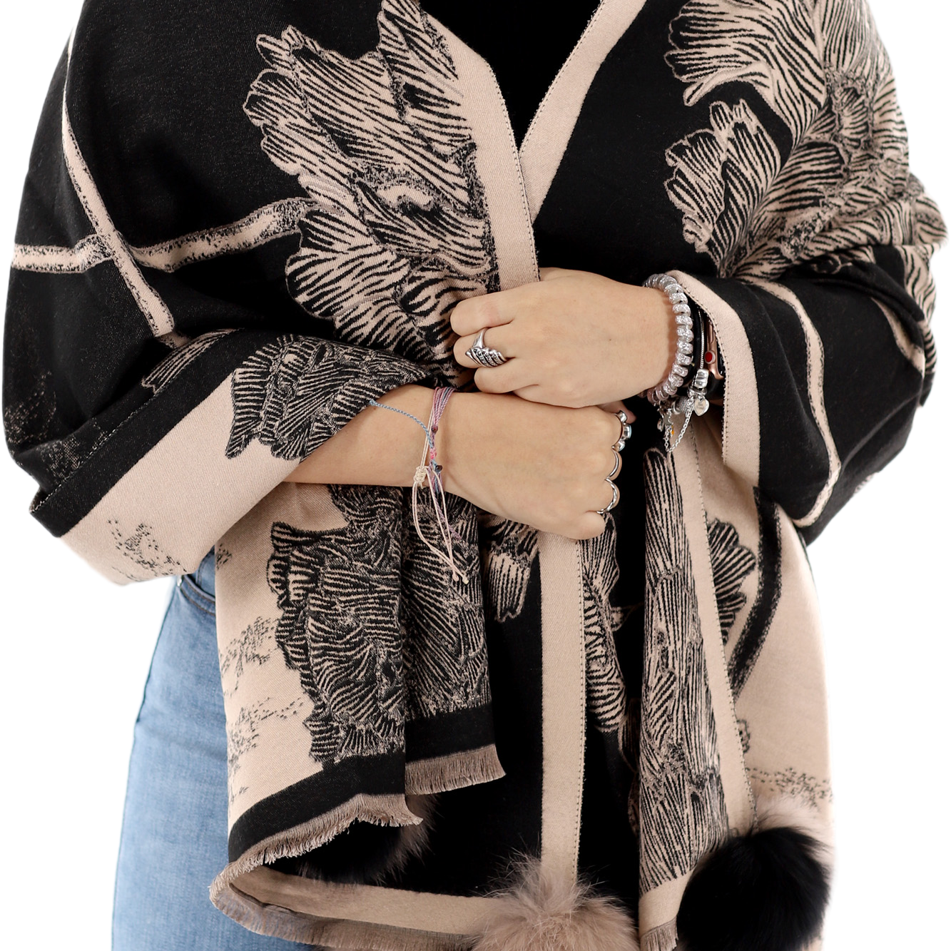 Garden Print Wrap with Fox Fur Poms | Black/Taupe - Clothing Accessories - La Fiorentina TINA59-2208_blktaupe