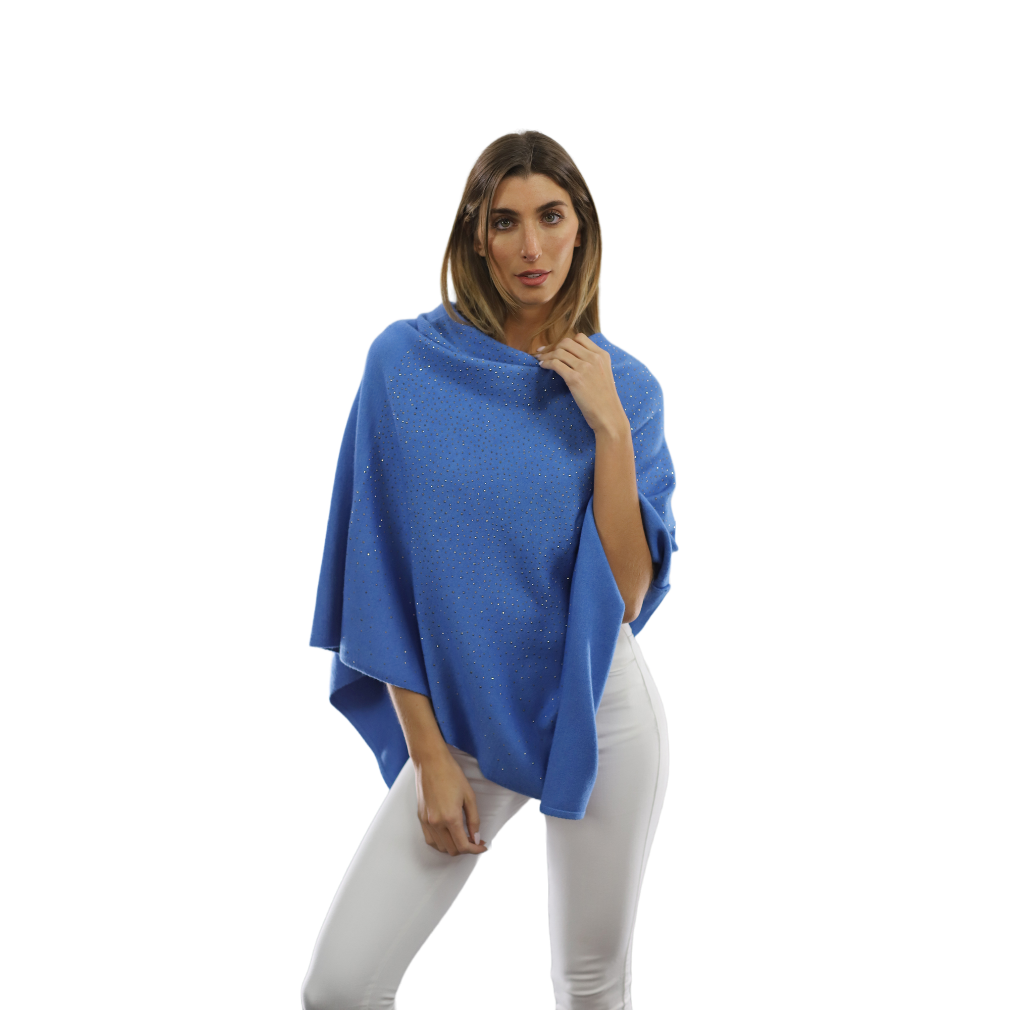Light Weight Poncho with Embellishments - Light Blue - Poncho - La Fiorentina BE13