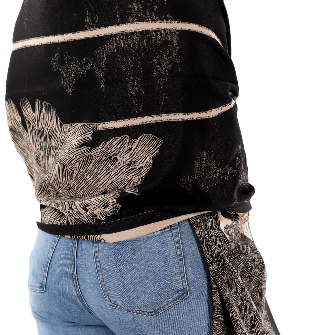 Garden Print Wrap with Fox Fur Poms | Black/Taupe - Clothing Accessories - La Fiorentina TINA59-2208_blktaupe