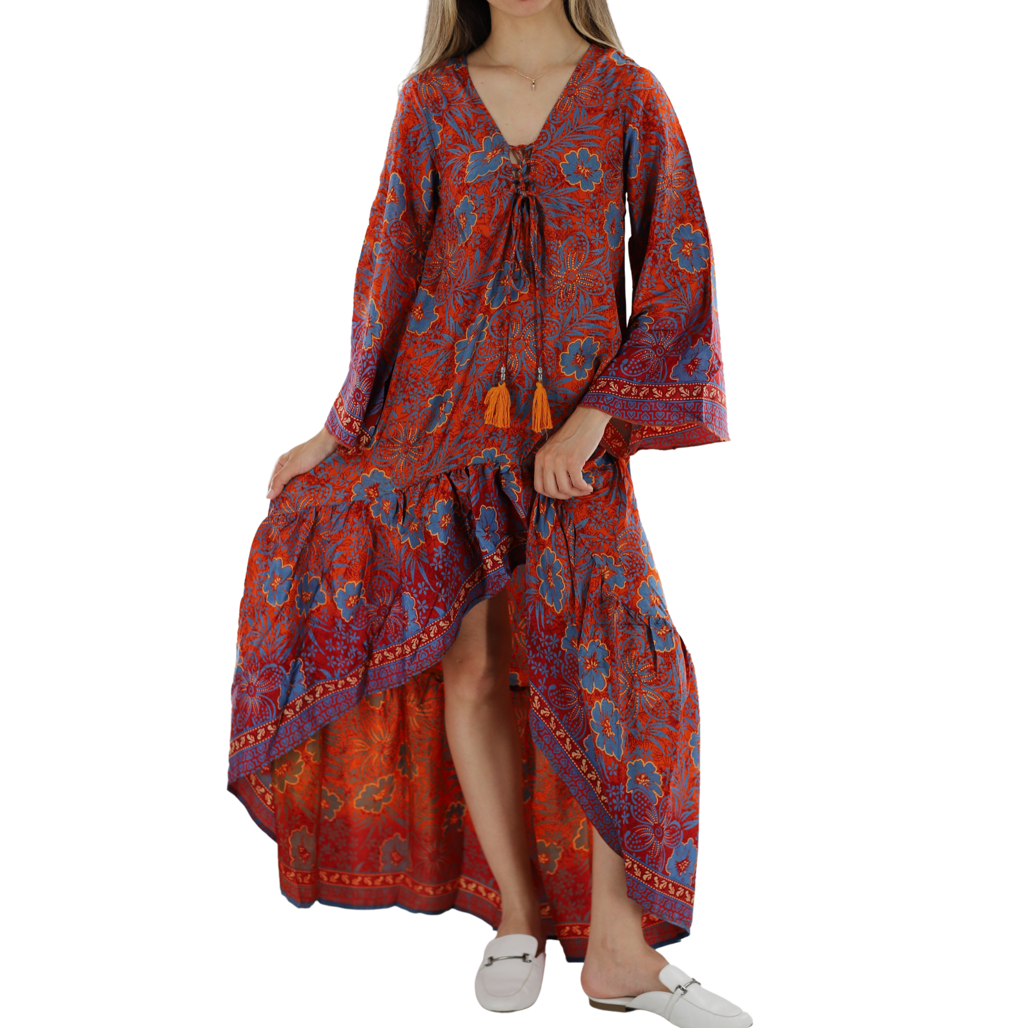 Flowy Floral 'Rose' Maxi High/Low Dress Mid Sleeve Length Medium / Red/Blue - Dresses - Women's Clothing & Accessories - La Fiorentina Flowy Floral 'Rose' Maxi High/Low Dress Mid Sleeve Length Medium / Red/Blue - Dresses - Women's Clothing & Accessories - La Fiorentina