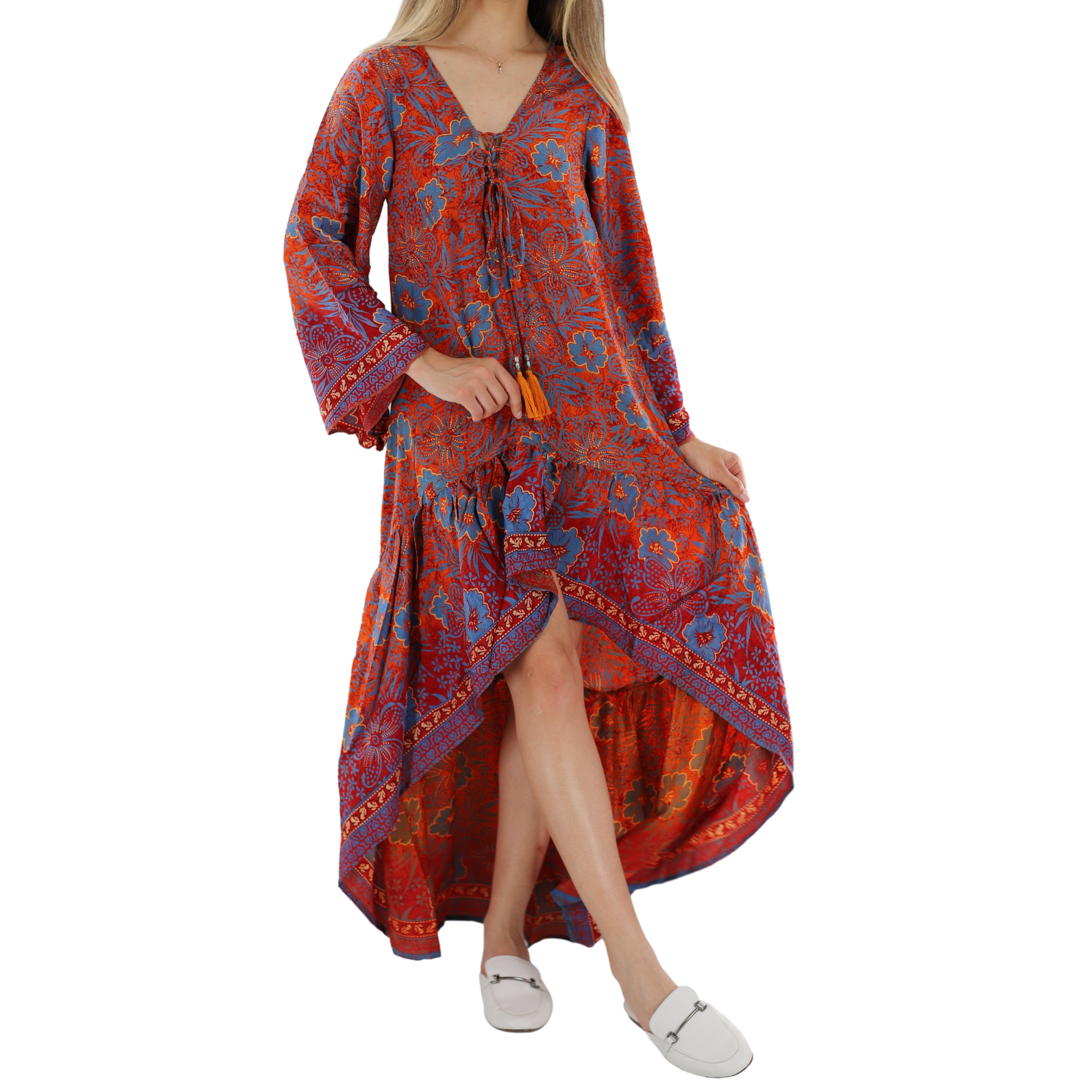Flowy Floral 'Rose' Maxi High/Low Dress Mid Sleeve Length Medium / Red/Blue - Dresses - Women's Clothing & Accessories - La Fiorentina Flowy Floral 'Rose' Maxi High/Low Dress Mid Sleeve Length Medium / Red/Blue - Dresses - Women's Clothing & Accessories - La Fiorentina