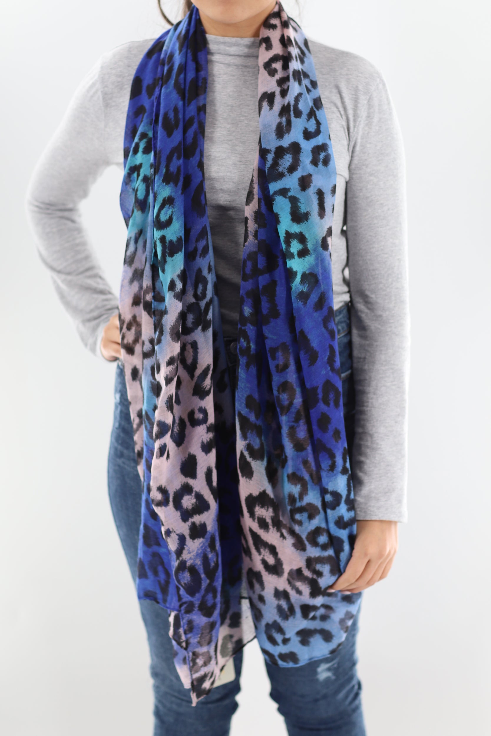 Soft Animal Print Scarf - Blue - Orange - Red - 100% Polyester - Scarves - La Fiorentina,Blue SATIN-22_red