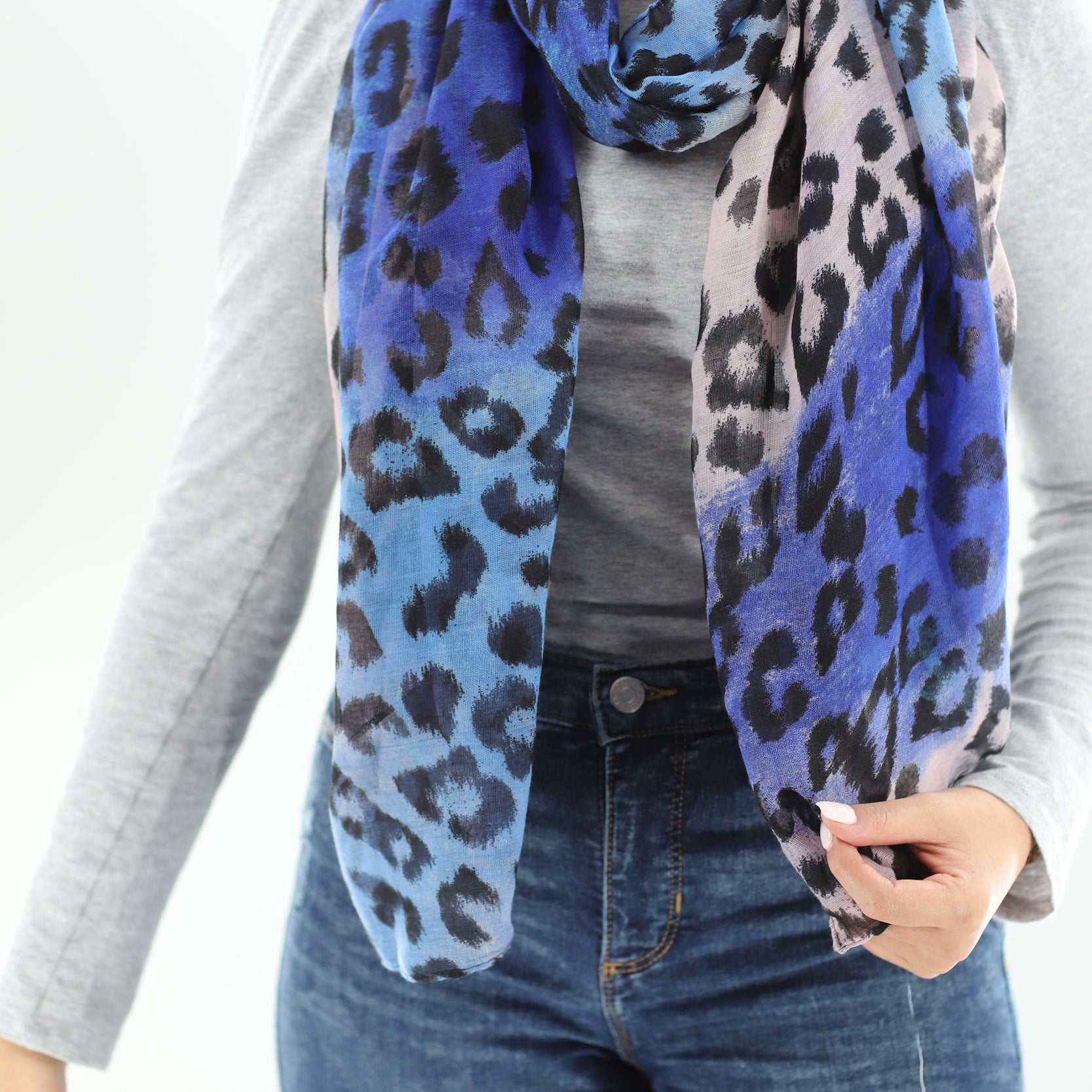 Soft Animal Print Scarf - Blue - Orange - Red - 100% Polyester - Scarves - La Fiorentina,Blue SATIN-22_blue