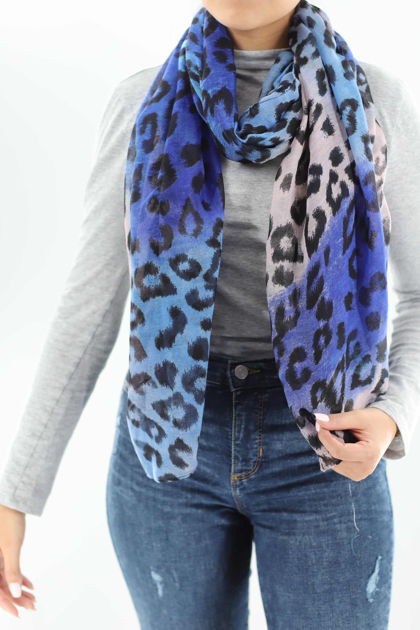 Soft Animal Print Scarf - Blue - Orange - Red - 100% Polyester - Scarves - La Fiorentina,Blue SATIN-22_blue