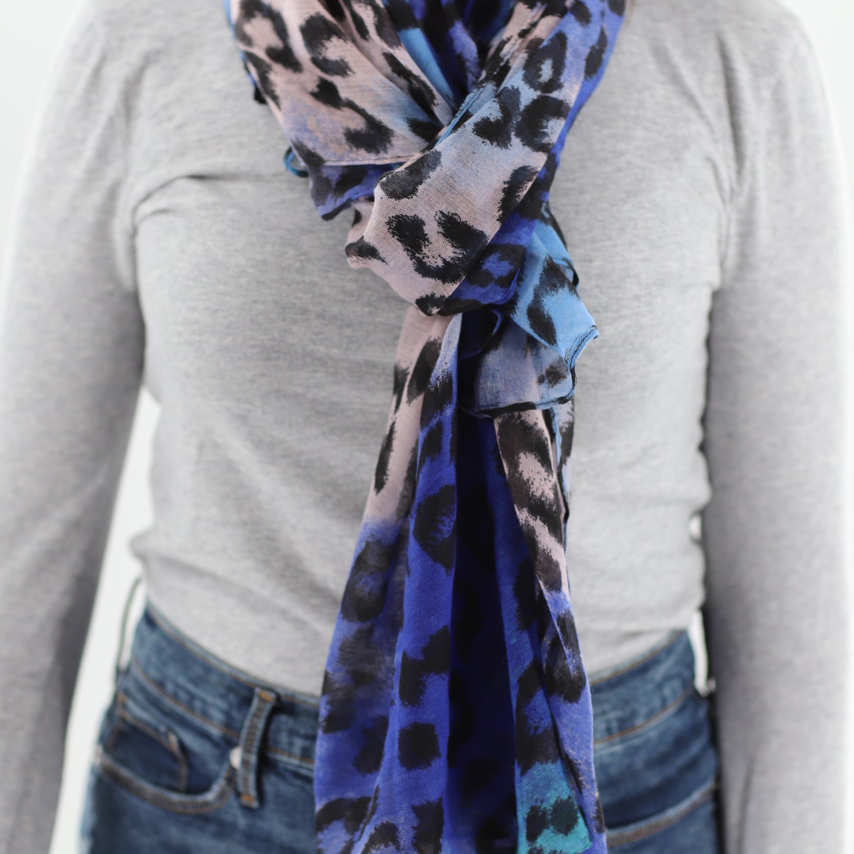 Soft Animal Print Scarf - Blue - Orange - Red - 100% Polyester - Scarves - La Fiorentina,Blue SATIN-22_orange