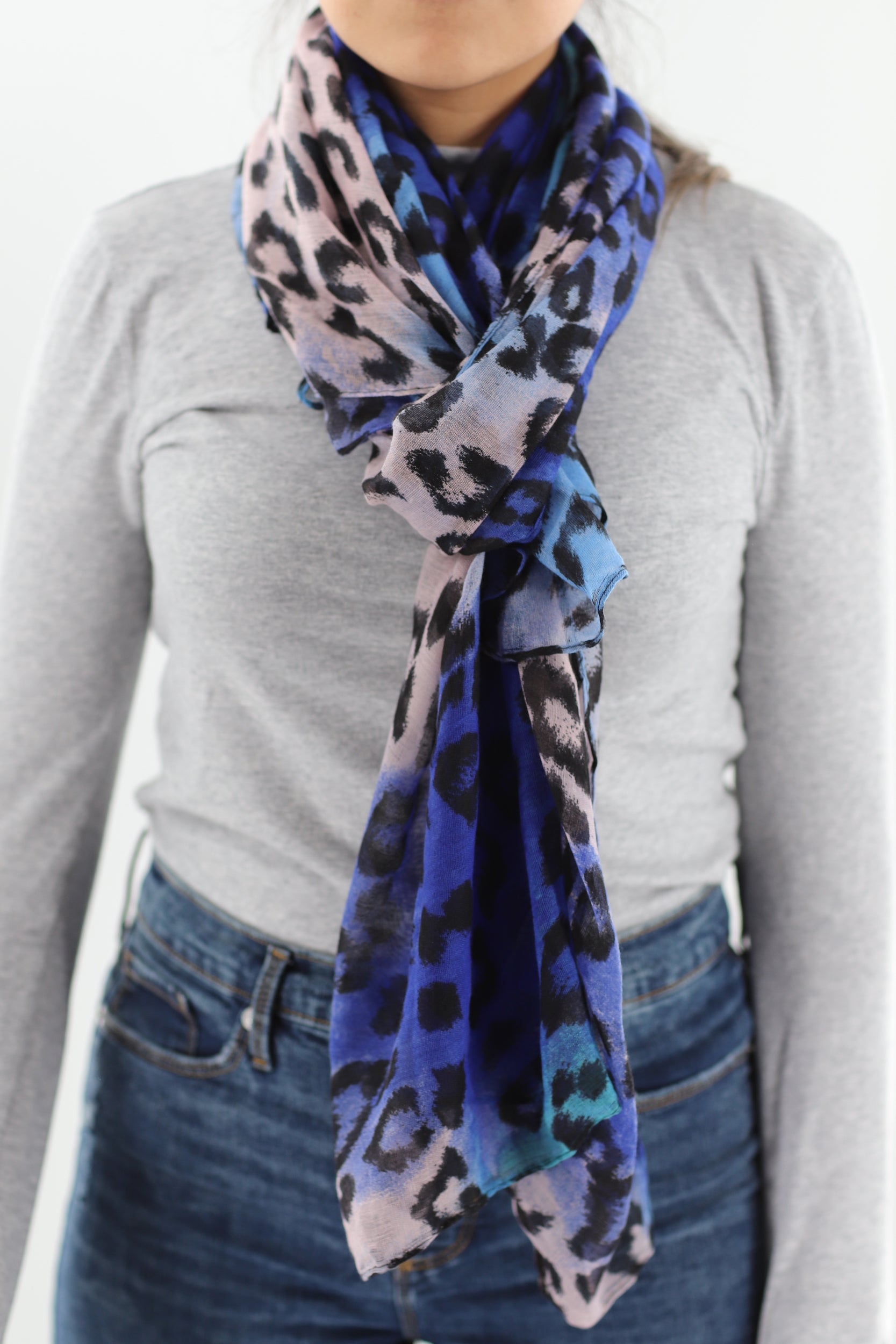 Soft Animal Print Scarf - Blue - Orange - Red - 100% Polyester - Scarves - La Fiorentina,Blue SATIN-22_orange