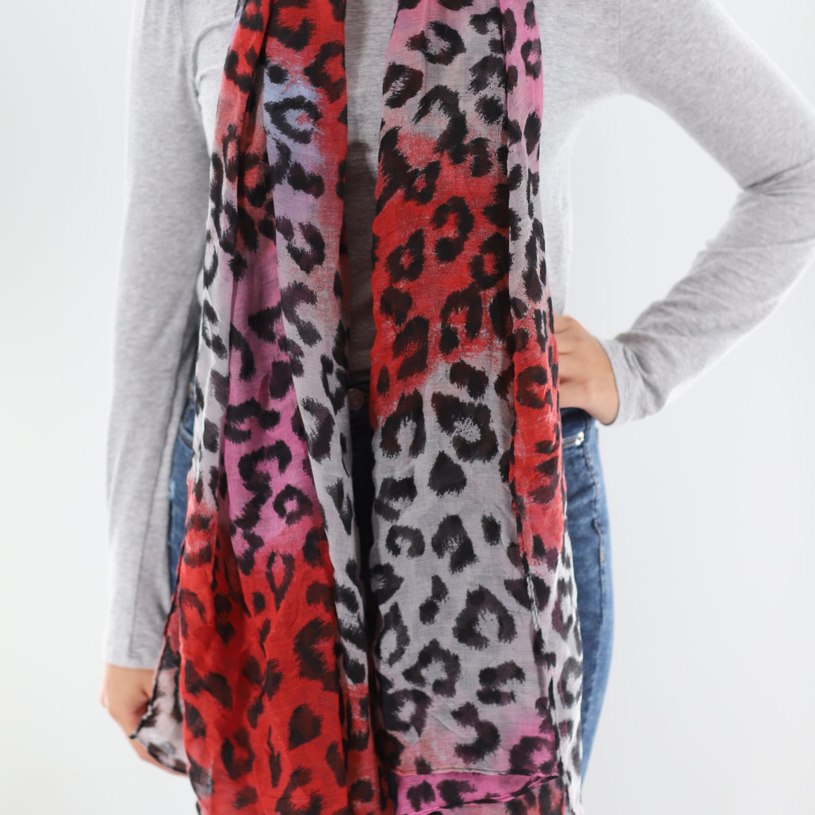 Soft Animal Print Scarf - Blue - Orange - Red - 100% Polyester - Scarves - La Fiorentina,Red SATIN-22_red