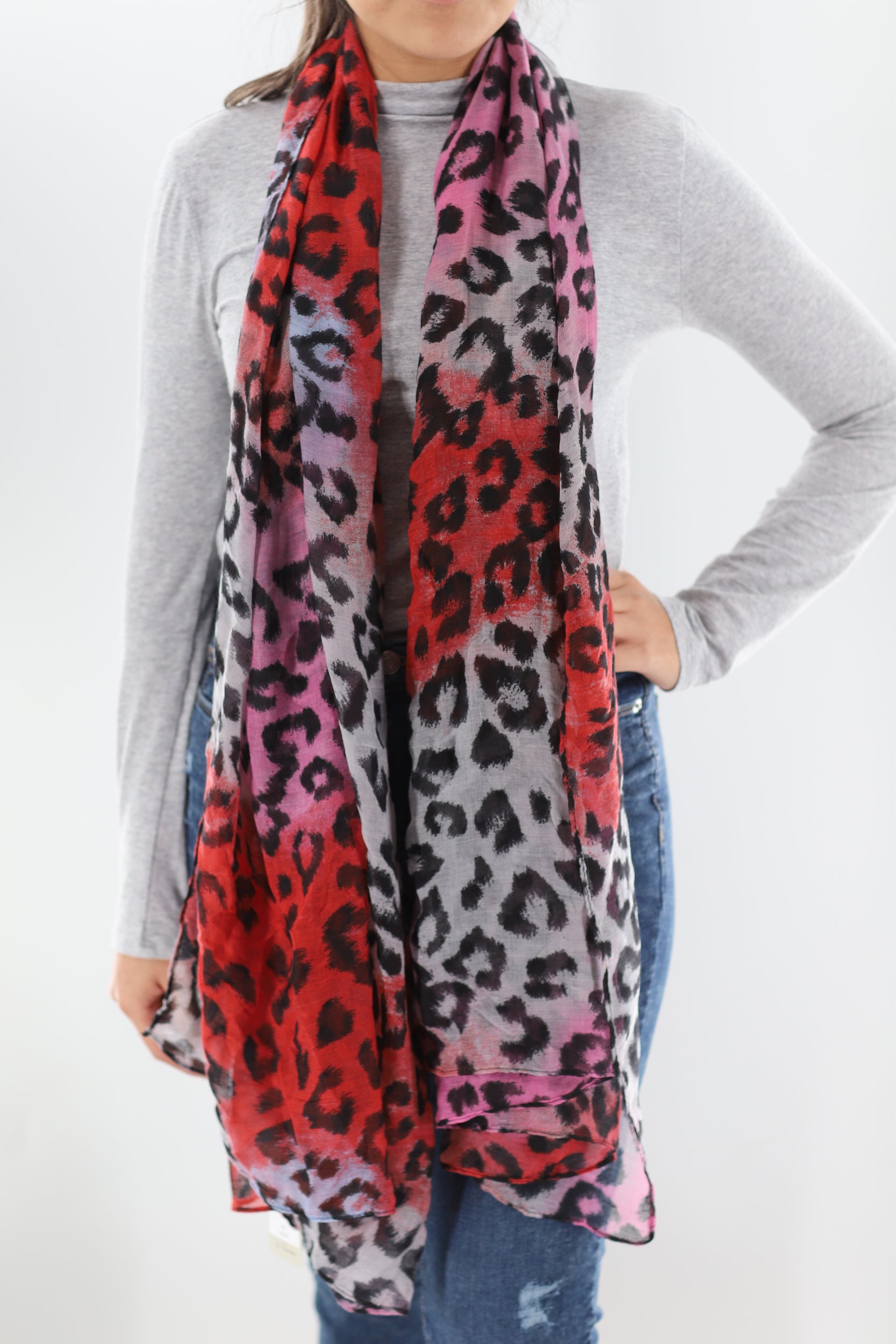 Soft Animal Print Scarf - Blue - Orange - Red - 100% Polyester - Scarves - La Fiorentina,Red SATIN-22_red