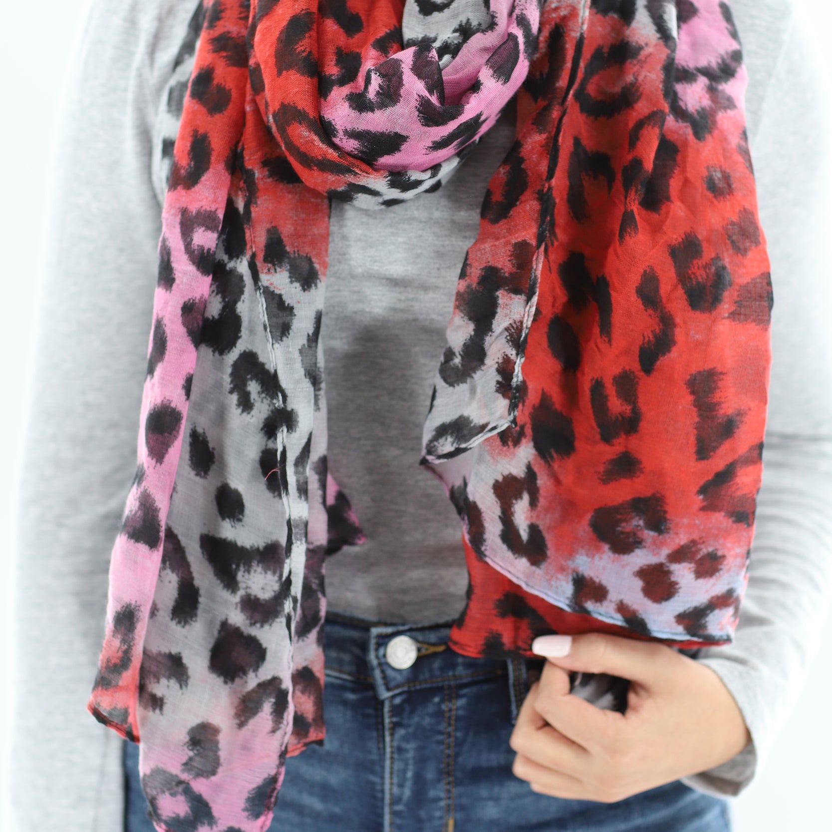 Soft Animal Print Scarf - Blue - Orange - Red - 100% Polyester - Scarves - La Fiorentina,Red SATIN-22_red