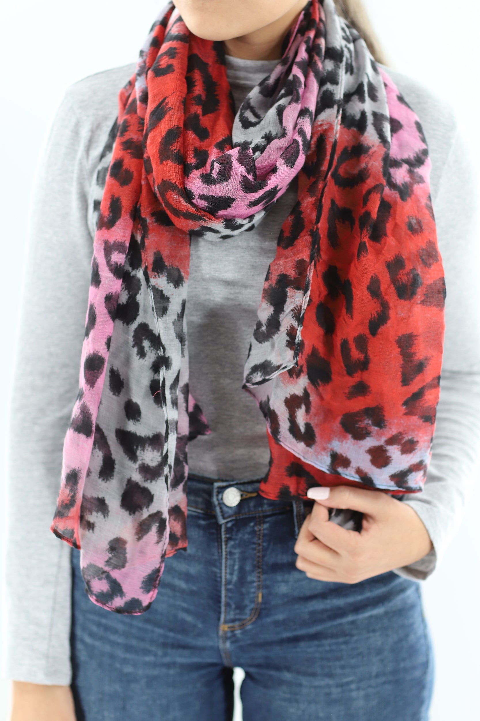 Soft Animal Print Scarf - Blue - Orange - Red - 100% Polyester - Scarves - La Fiorentina,Red SATIN-22_red